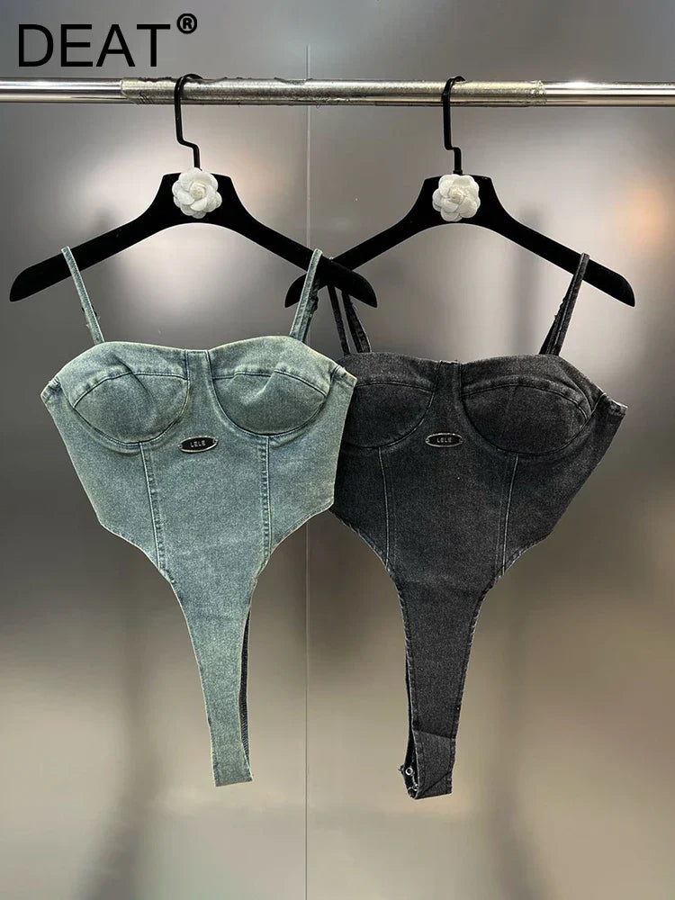 Vintage Denim Strapless Jumpsuit for Women - Off Shoulder Sling Romper, Solid Color Streetwear Top, Spring Summer Fashion | Casual Outing, Party Wear, Date Night Outfit