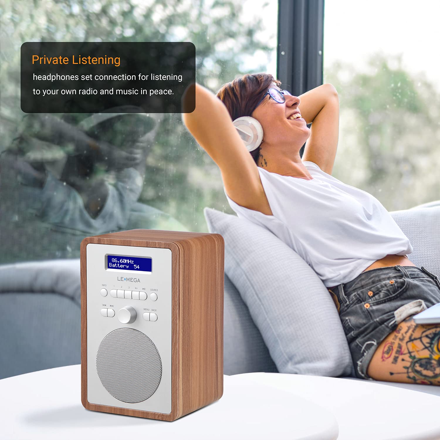 LEMEGA CR2+ DAB/DAB+ Digital Radio with FM, Small Portable Radio with Dual Alarm Clock, Sleep Timer & 20 Preset Stations - Walnut Wood Finish for Kitchen, Bedroom & Office Use