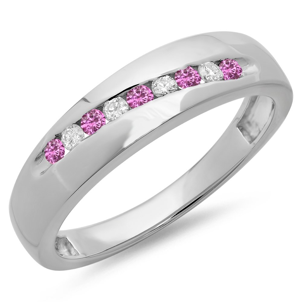 Dazzlingrock Round Cut Pink Sapphire & White Diamond Men's Stackable Wedding Band Ring, Sterling Silver Anniversary Gift for Him - Perfect for Engagements, Proposals, and Special Occasions
