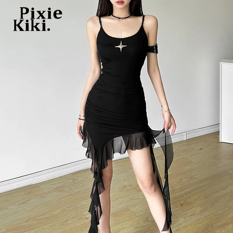 Y2K Asymmetrical Mesh Ruffle Mini Dress for Women - Sexy Spaghetti Strap Backless Summer Dress in Black & White | Perfect for Beach Parties, Club Nights & Date Nights