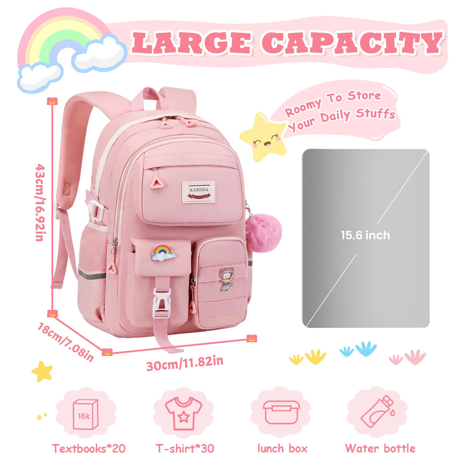Cute Kawaii Girls Backpack for School - Pink Fashion Bookbag with Multiple Pockets for Teenage Students | Perfect for Elementary, Middle & High School, College, Travel & Daily Use