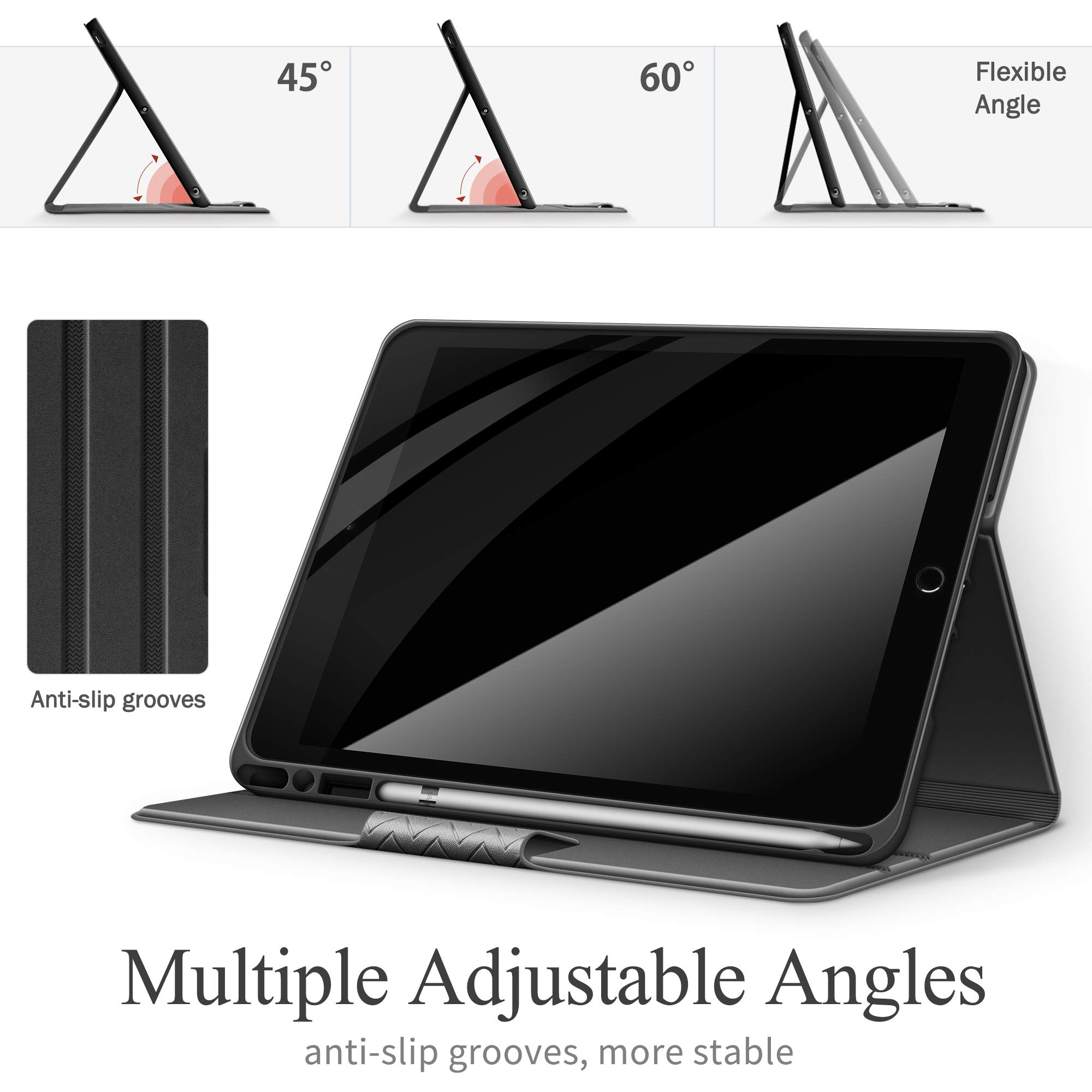 Premium Vegan Leather iPad Case for iPad 9th/8th/7th Gen 10.2 inch (2021/2020/2019 Models) - with Apple Pencil Holder & Auto Sleep/Wake Smart Cover - Protective Gray Cover for Work, School & Travel