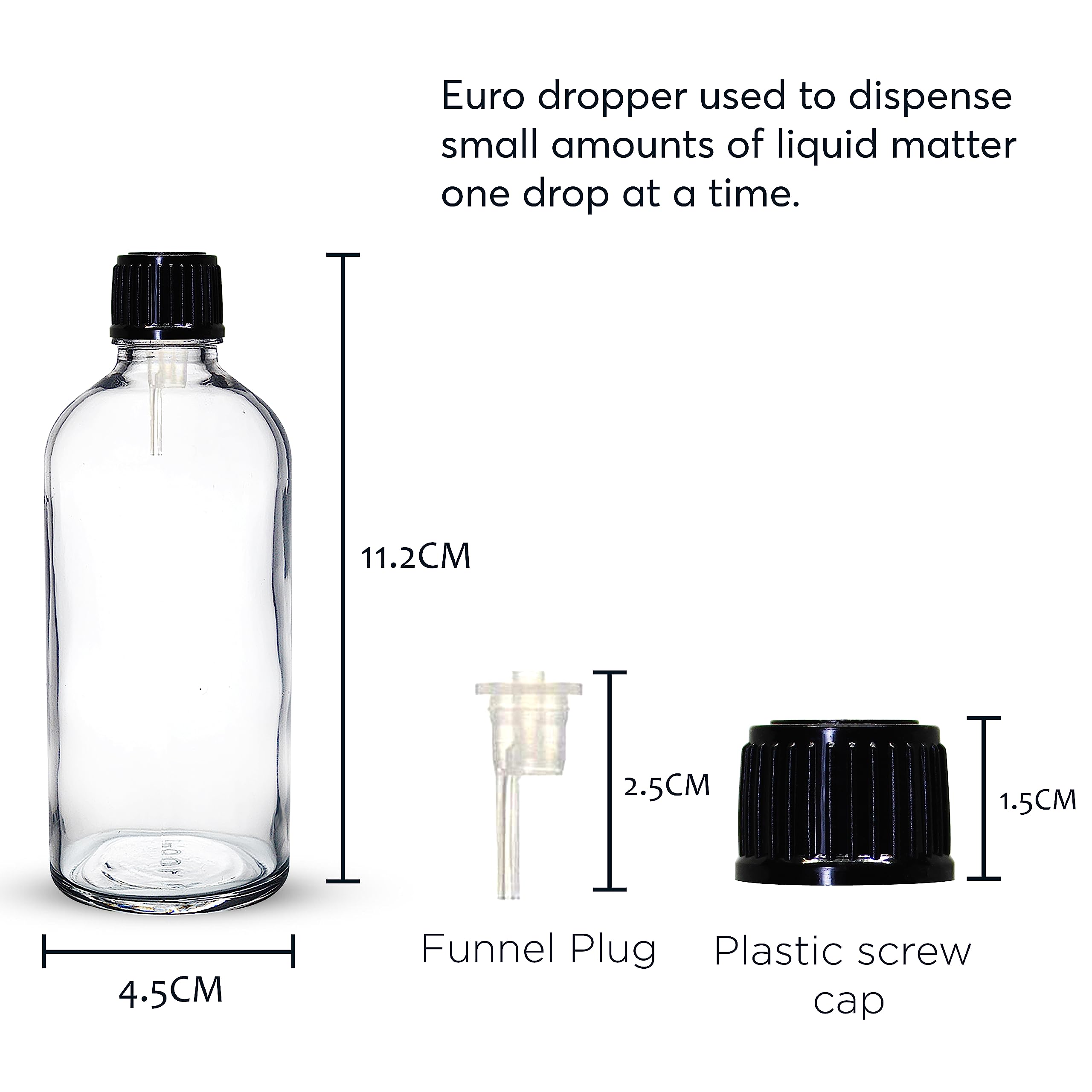 NSB Herbals 100ml Clear Round Empty Glass Bottle with Euro Dropper & Black Cap - Refillable, Leak Proof for Essential Oils, DIY Perfumes, Aromatherapy (Pack of 3) - Perfect for Home, Travel & Gift Packaging