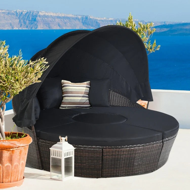 Outdoor Daybed with Retractable Canopy - Waterproof Black Patio Lounge Bed for Poolside, Garden & Backyard Relaxation