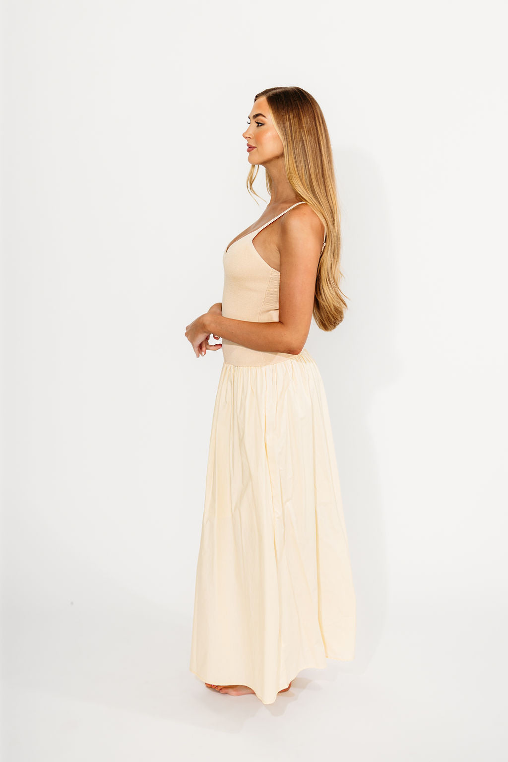 Gaby V Neck Mixed Media Maxi Dress in Cream - Elegant Flowy Long Dress for Women, Perfect for Weddings, Parties & Special Occasions
