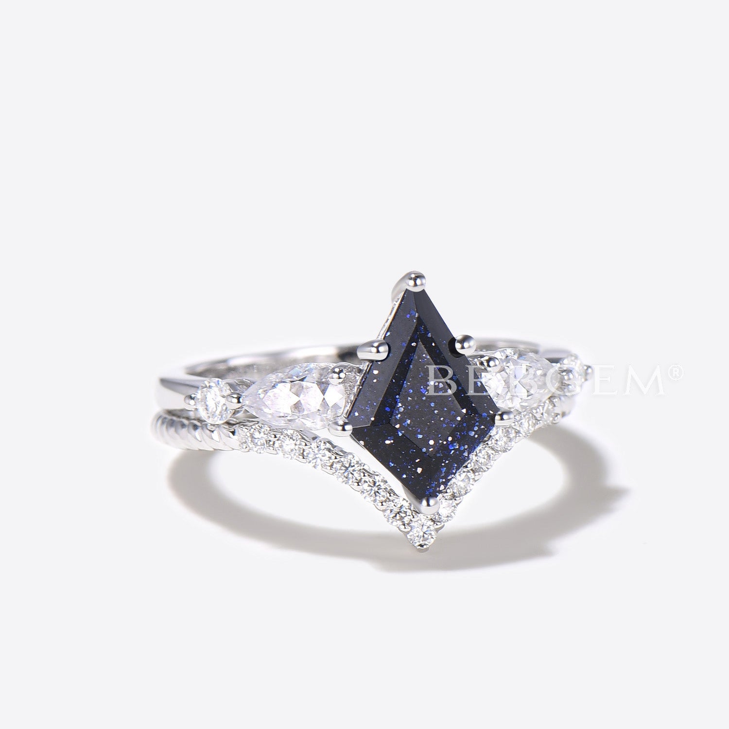 Starry Sky Blue Sandstone & Moissanite Bridal Ring Set - 5 Stone Engagement Wedding Band for Women - Perfect for Proposals, Anniversaries, and Romantic Occasions