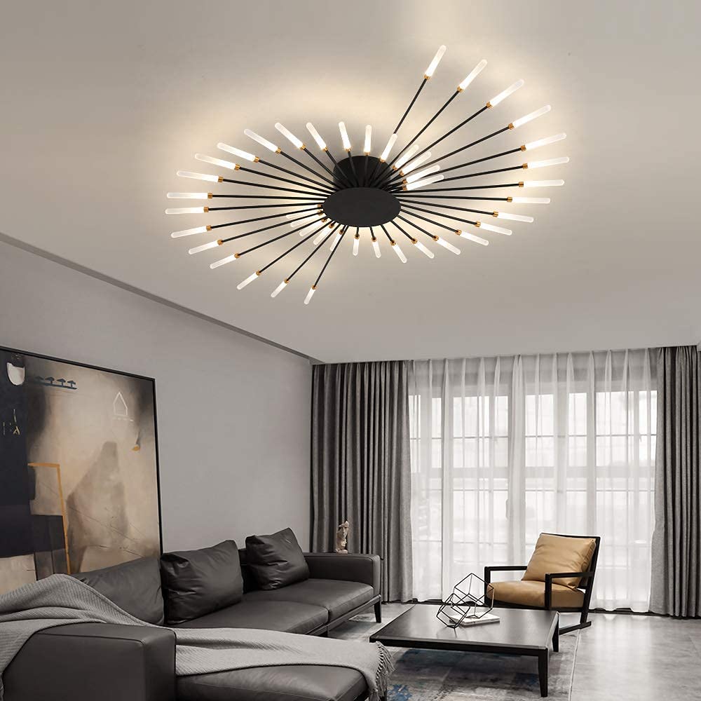 Modern Flower Shape LED Ceiling Light - Flush Mount Sputnik Firework Petal Design - Matte Black Metal & Acrylic Lighting Fixture with 42 Lights - Perfect for Living Room, Dining Room, Bedroom Decor - Energy Saving Home Lighting Solution for Modern Interior Design