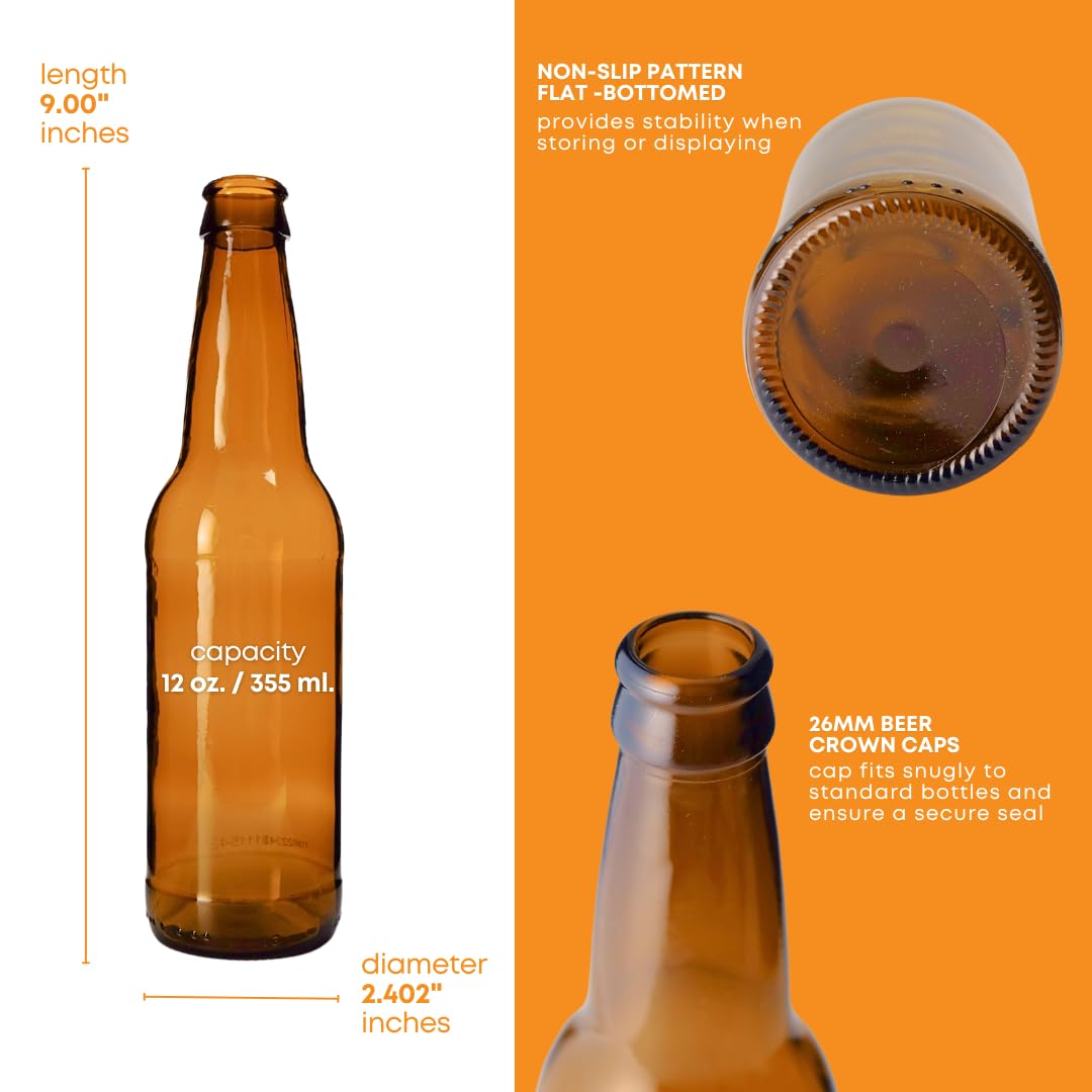 Premium 12oz Amber Longneck Beer Bottles with Crown Caps - Case of 24 - Home Brewing & Craft Beer Bottling Supplies - Perfect for Homebrewers, Microbreweries & Beer Enthusiasts