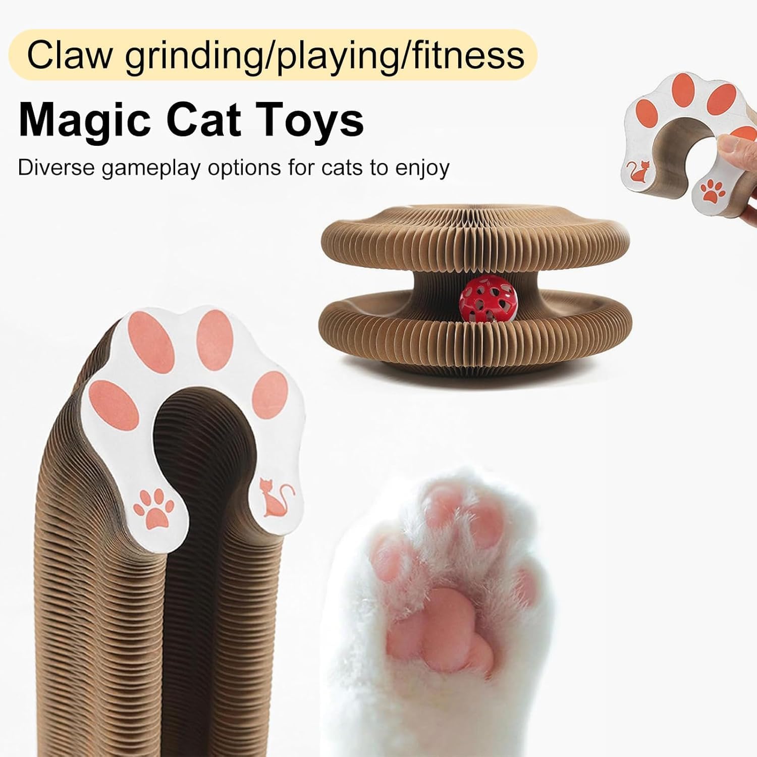 Foldable Magic Organ Cat Scratch Board with Toy Bell Ball - Interactive Cardboard Cat Toy for Play & Exercise - Perfect for Indoor Cats, Kittens & Multi-Cat Households (1pc)