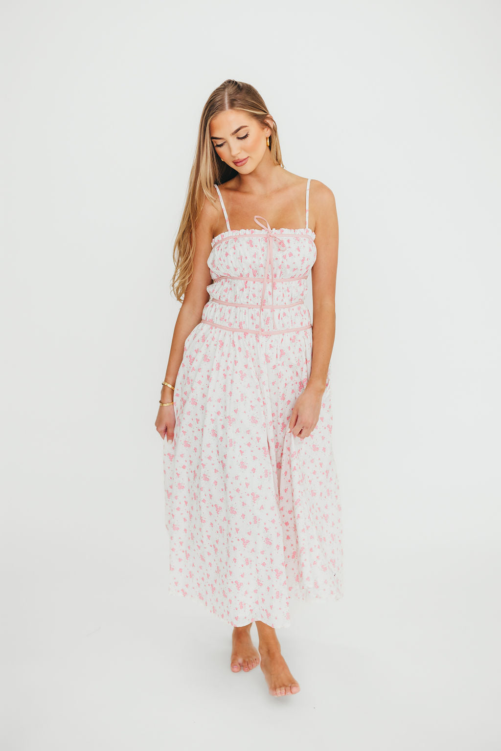 Vanessa Floral Print Midi Dress for Women - Elegant Pink Summer Dress for Casual Wear, Parties & Date Nights