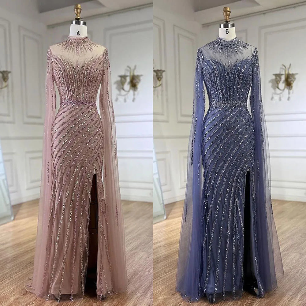 Elegant Pink Cape Sleeves Mermaid Evening Gown with Beaded Details - Luxury Dubai Style Long Dress for Women | Wedding, Party & Special Occasions 2025 LA72449