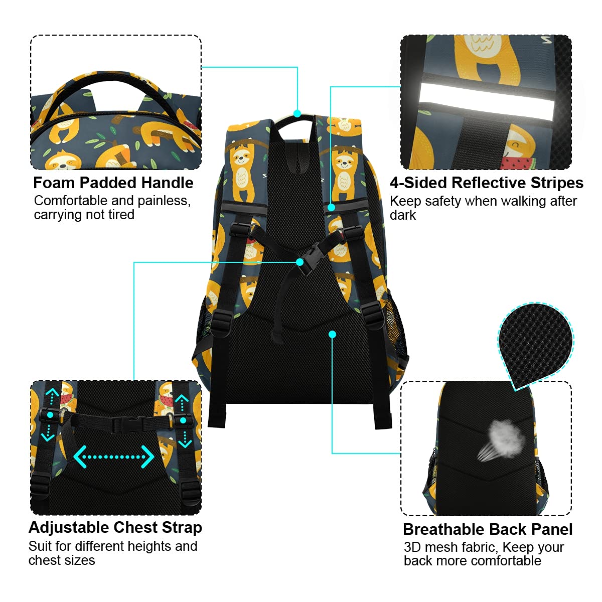 Funny Sloth Print School Backpack with Adjustable Chest Strap - Lightweight Laptop Backpack for Boys & Girls, Durable Travel & Hiking Rucksack - Perfect for School, College, Outdoor Adventures & Daily Commute
