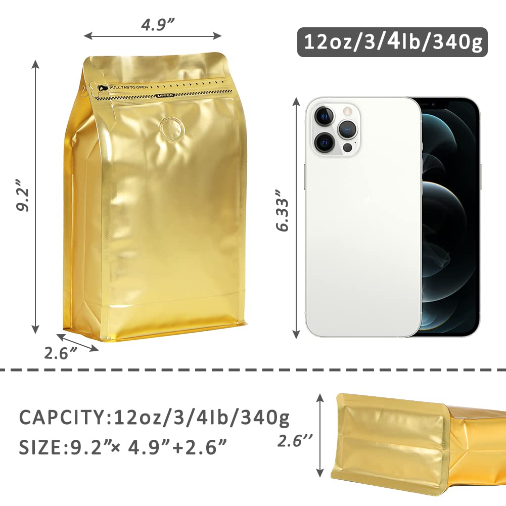Premium Stand-Up Coffee Bags with One-Way Valve - High Barrier Aluminum Foil Flat Bottom Storage Bags for Fresh Coffee Beans (12oz/50pcs, Gold) | Reusable Heat Sealable Side Zipper Pouches - Perfect for Home Roasting, Coffee Shop Storage & Wholesale Bean Packaging
