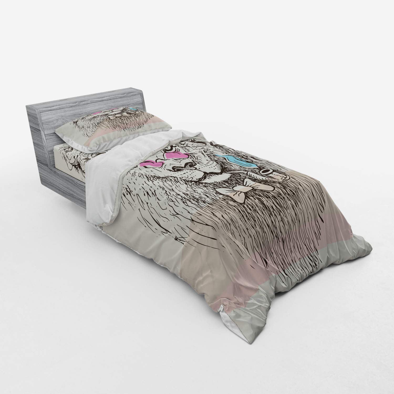 Ambesonne Animal Duvet Cover Set - Majestic Lion Head with Hipster Glasses Sketch Print | 3-Piece Twin Size Bedding Set (Duvet Cover + Sham + Fitted Sheet) in Pale Blue & Pink | Perfect for Kids' Rooms, Teen Bedrooms & Unique Home Decor