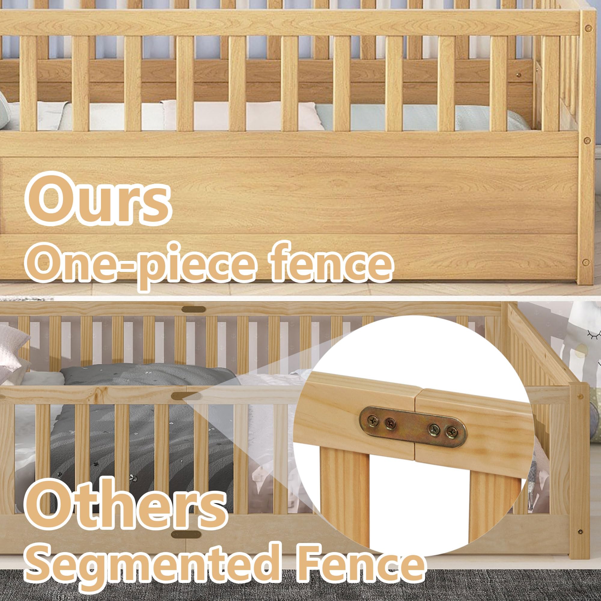 Montessori Twin Floor Bed for Kids - Wooden Low Bed with High Safety Fence & Door - Natural Wood Toddler Bed for Boys & Girls - Perfect for Bedroom, Playroom & Montessori Learning Spaces