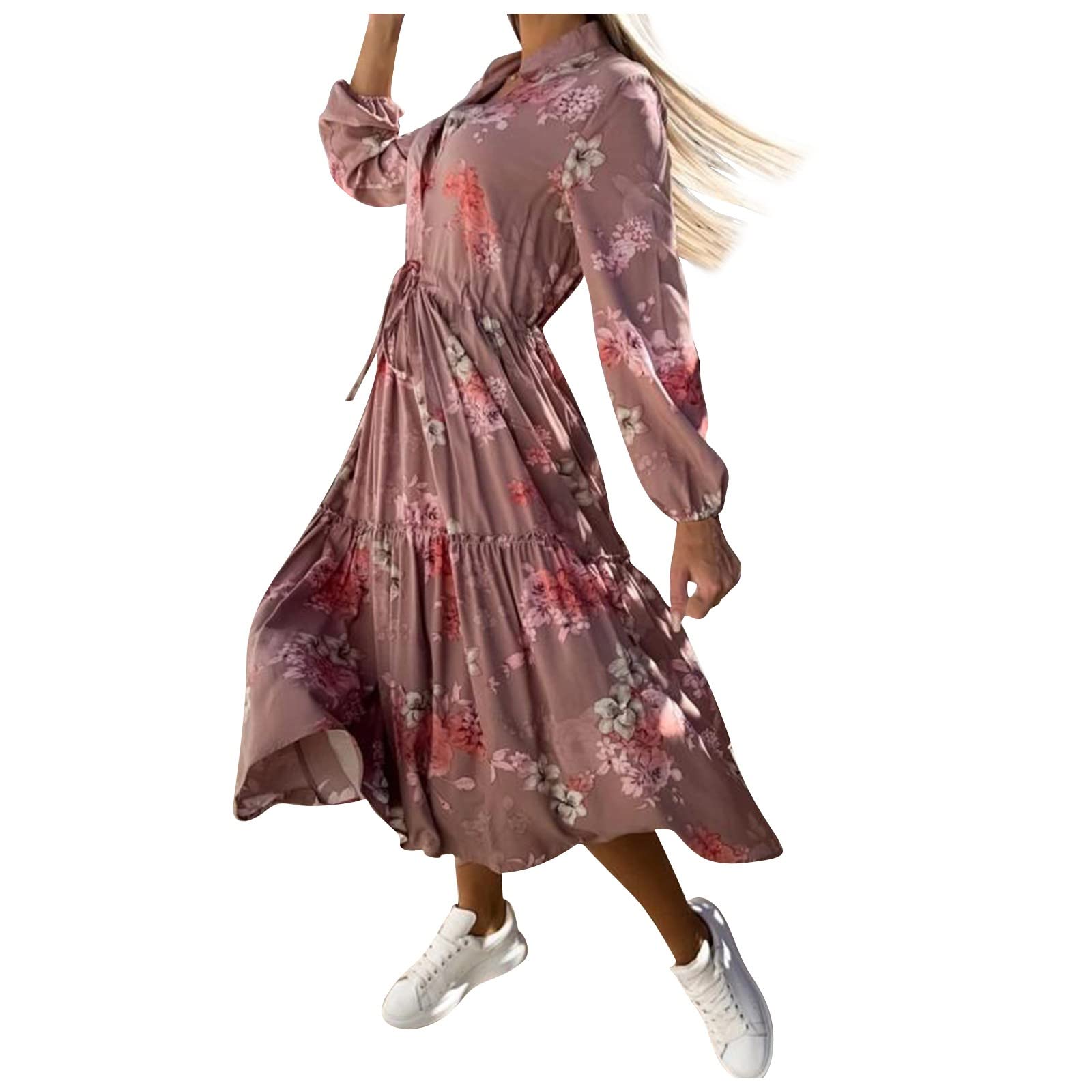 Elegant Floral Maxi Wrap Dress for Women - Long Sleeve Ruffle Button Up Waist Dress | Perfect for Office, Date Night & Special Occasions