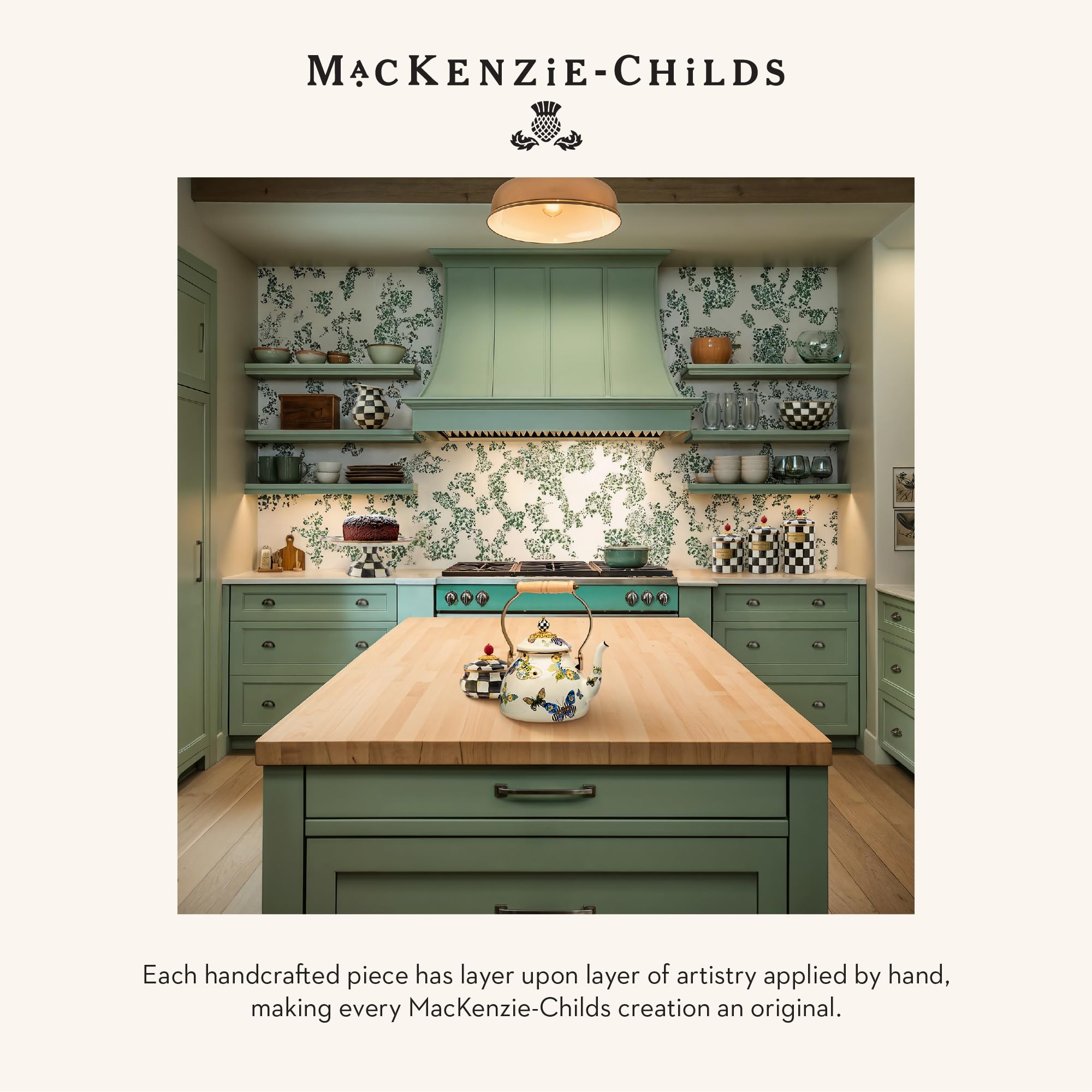 MACKENZIE-CHILDS 2-Quart Enamel Tea Kettle - Vintage Style Stovetop Kettle with Butterfly Design - Perfect for Home Kitchen, Afternoon Tea, and Gift Giving