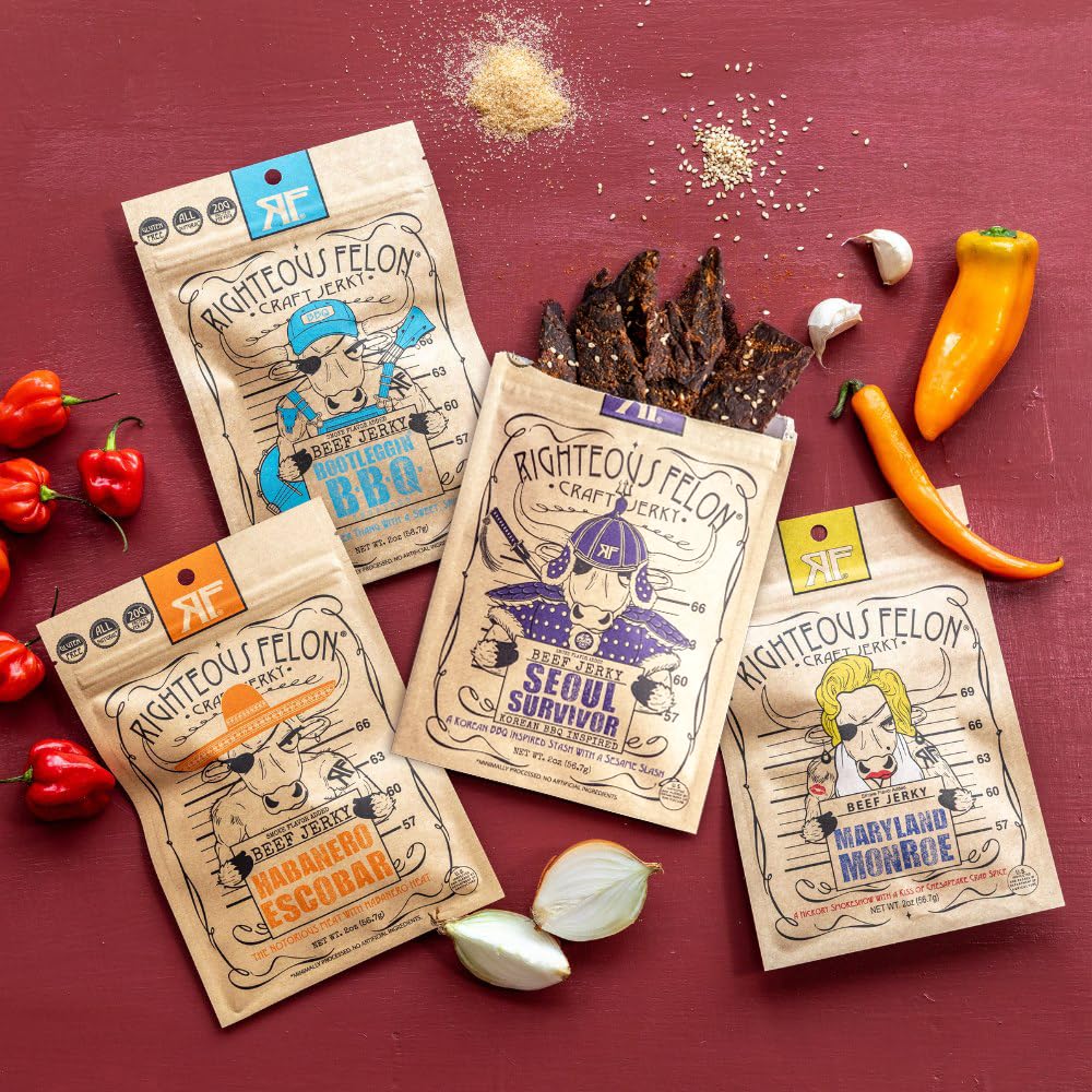 Righteous Felon Beef Jerky Variety Pack 4 Pack | Gluten Free, High Protein, Keto & Low Sugar Beef Jerky Snacks | Premium Quality Meat Jerky for Adults | Perfect for Gifts, Camping, Hiking & Road Trips | Spicy Flavored Jerky