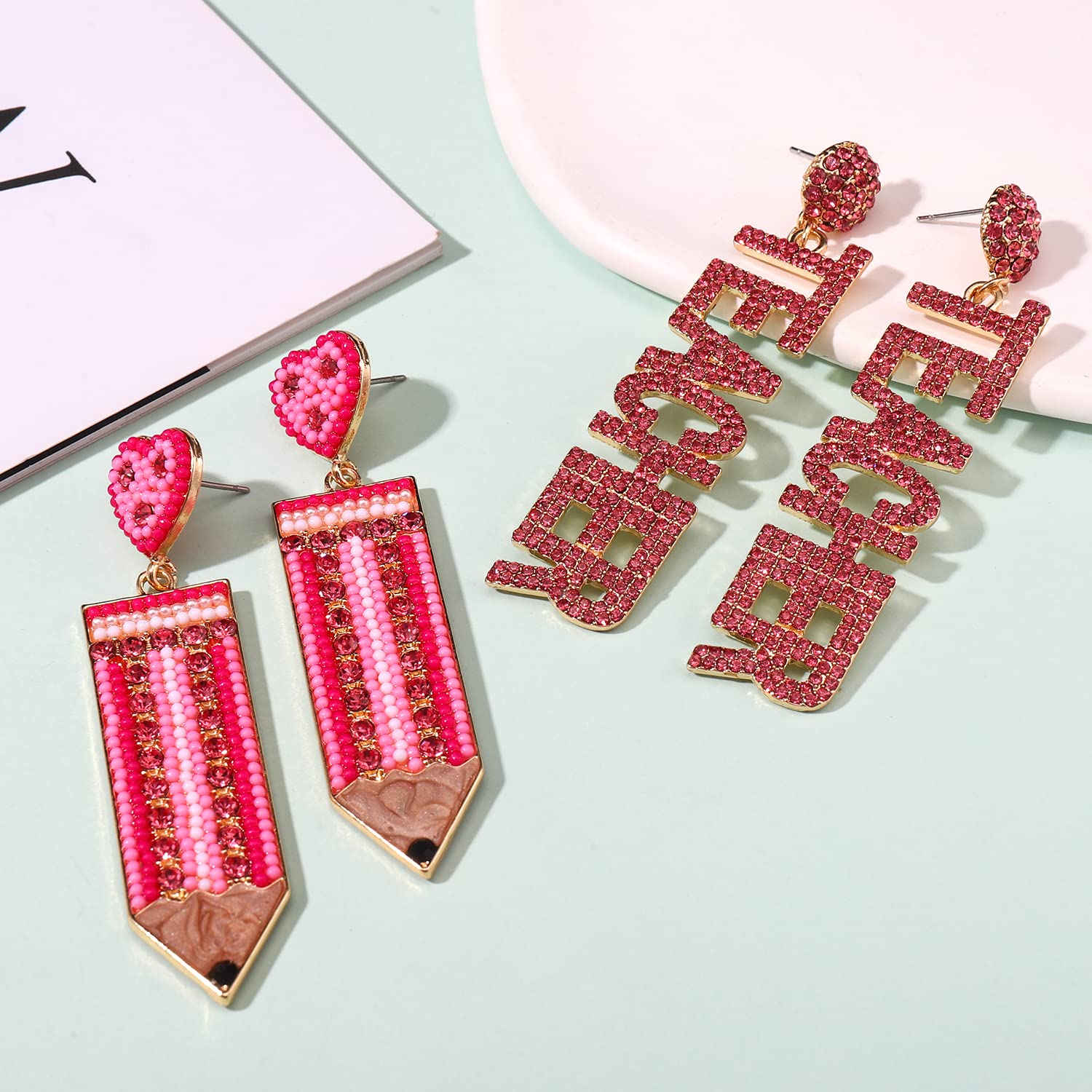 Hypoallergenic Teacher Earrings - Rhinestone Heart Pencil Dangle Earrings for Women | Perfect Teacher's Day & Back to School Gifts