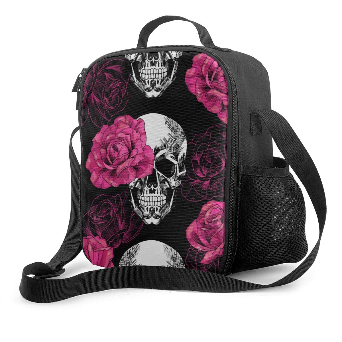 Pink Roses Skull Insulated Lunch Bag - Durable Waterproof Oxford Cloth Lunch Tote for Work, School, Picnic & Travel | Bento Box Organizer for Men, Women & Kids | Perfect for Office, Outdoor Activities & Daily Commute