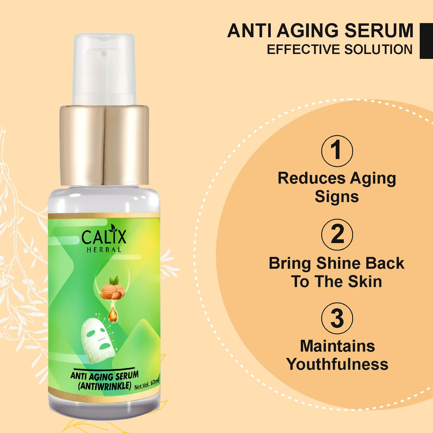 Calix Herbal Organic Ayurvedic Anti-Aging Face Serum for Men & Women – Reduce Wrinkles, Tighten Skin & Brighten Complexion | All Skin Types | 60ml | Perfect for Daily Skincare Routine & Nighttime Anti-Wrinkle Treatment