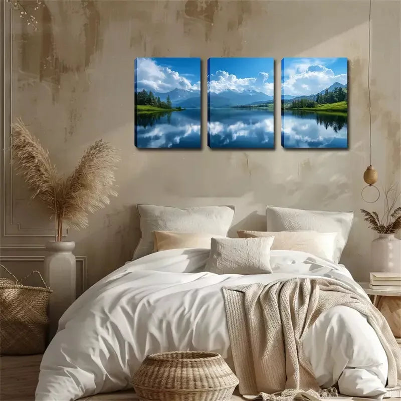 3-Piece Sky, White Clouds & Lake Wall Art Set - Framed Canvas 40x60cm - High Quality Print - 100% Australian Made - Ready to Hang - Perfect for Living Room, Bedroom & Office Decor