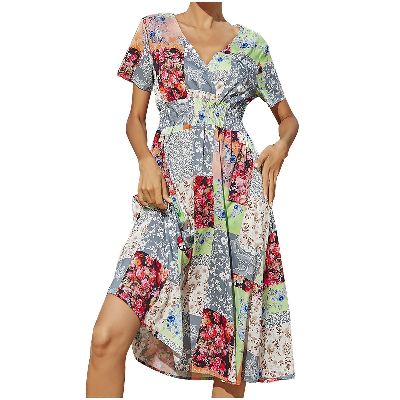 2022 Women's Summer Floral Fit and Flare V-Neck Short Sleeve Dress - Perfect for Weddings, Birthday Parties & Special Occasions | Breathable & Stylish Guest Outfit