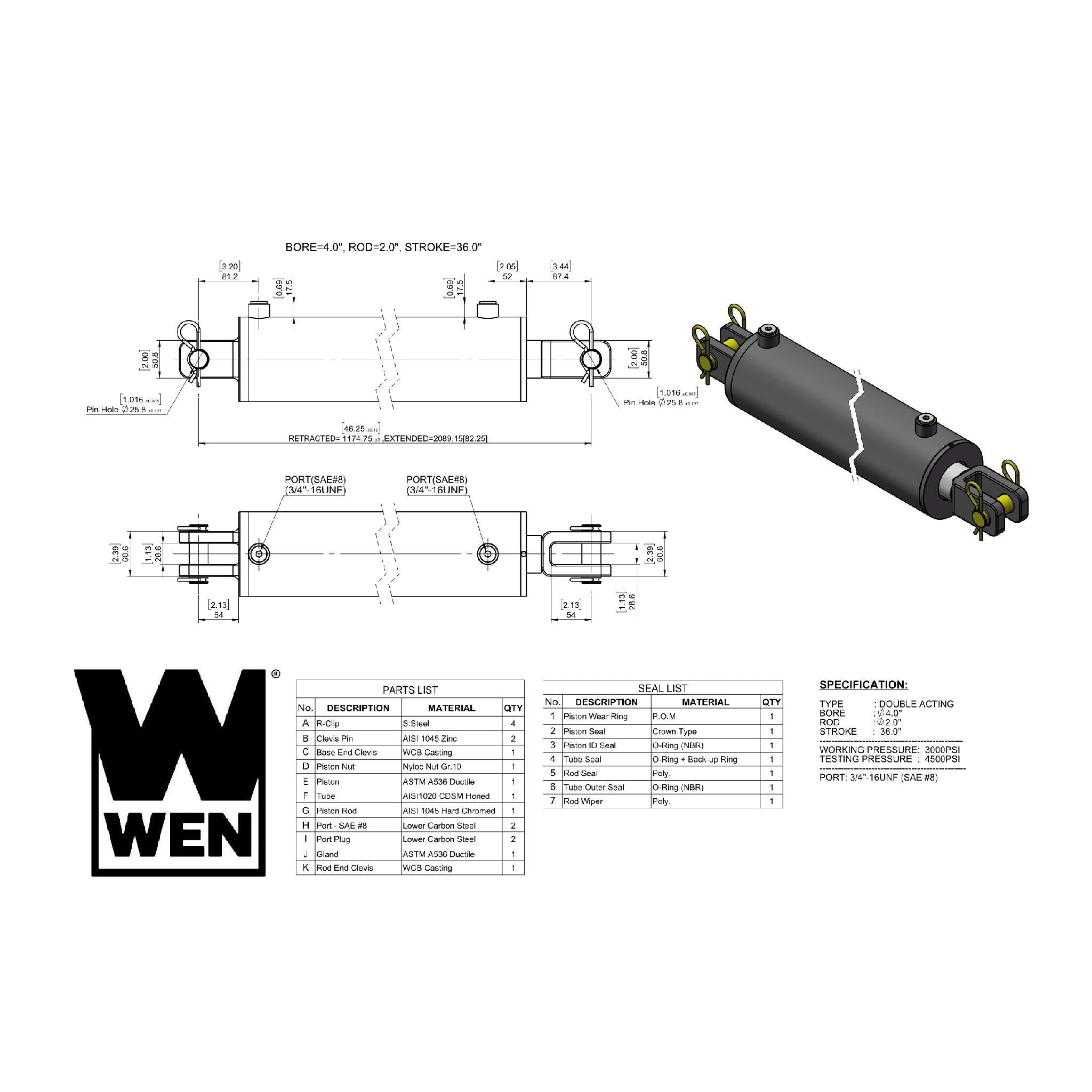 WEN CC4036 4-Inch Bore 36-Inch Stroke Clevis Hydraulic Cylinder for Heavy-Duty Construction & Industrial Equipment