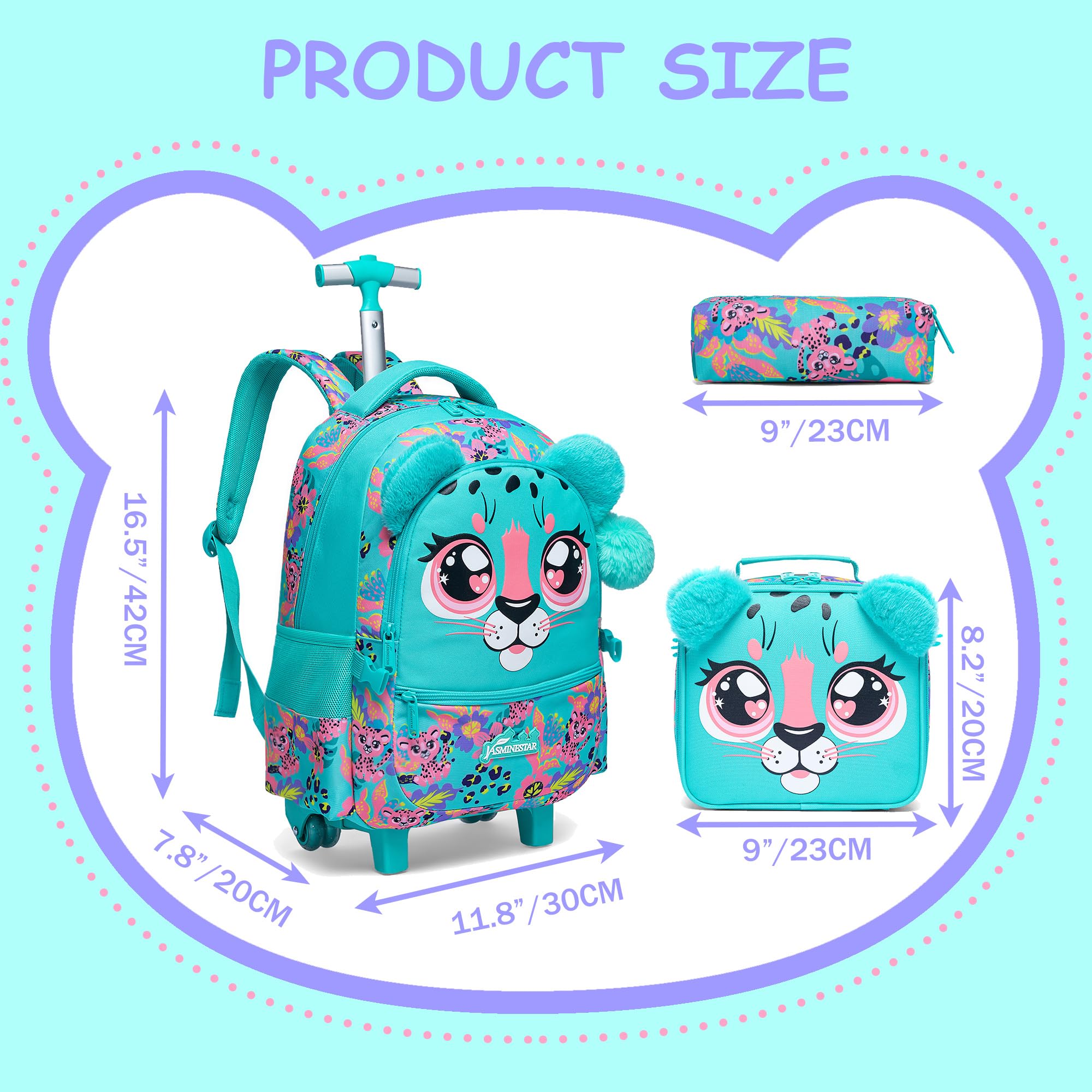 Rolling Backpack for Girls Age 8-10 - 3 in 1 Wheeled School Backpack with Lunch Box & Pencil Case - Lightweight Travel Luggage for Elementary Students - Perfect for School, Travel & Daily Use