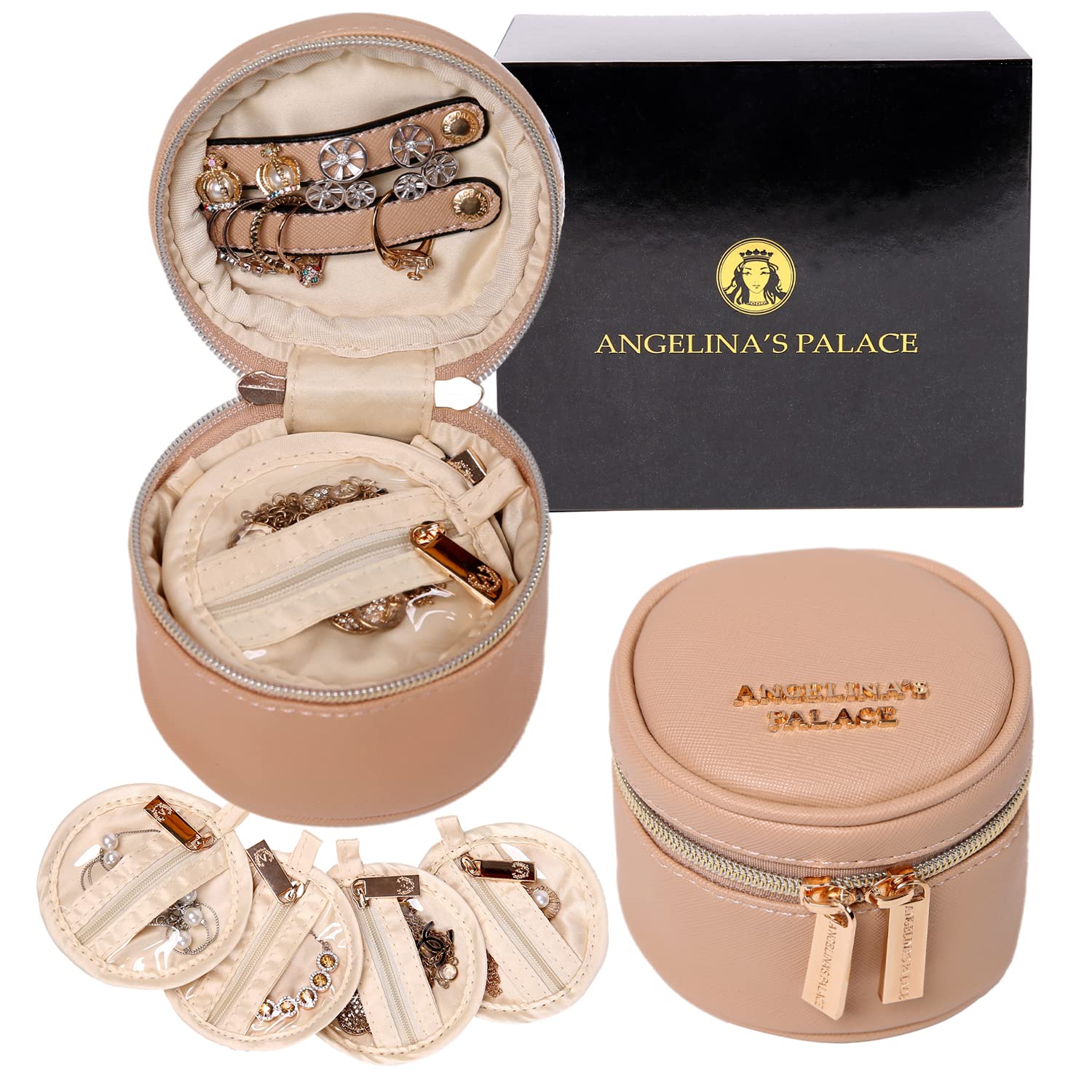 Angelina's Palace Round Jewelry Organizer - Vegan Leather Travel Jewelry Case for Necklaces, Earrings, Bracelets & Rings | Bridesmaid Gift Idea | Light Fawn | Perfect for Travel, Home Storage & Wedding Accessories