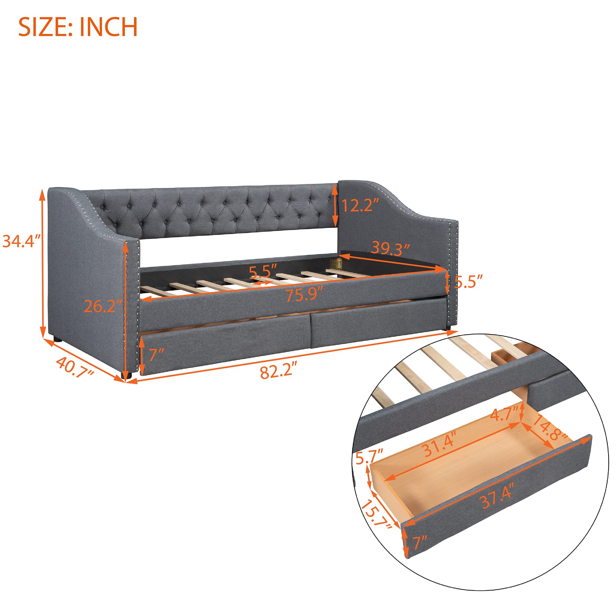 Gray Velvet Upholstered Daybed with 2 Drawers - Twin Size Sofa Bed with Wooden Slat Support for Living Room & Bedroom - Perfect for Guest Sleeping, Lounge Relaxation & Small Space Solutions