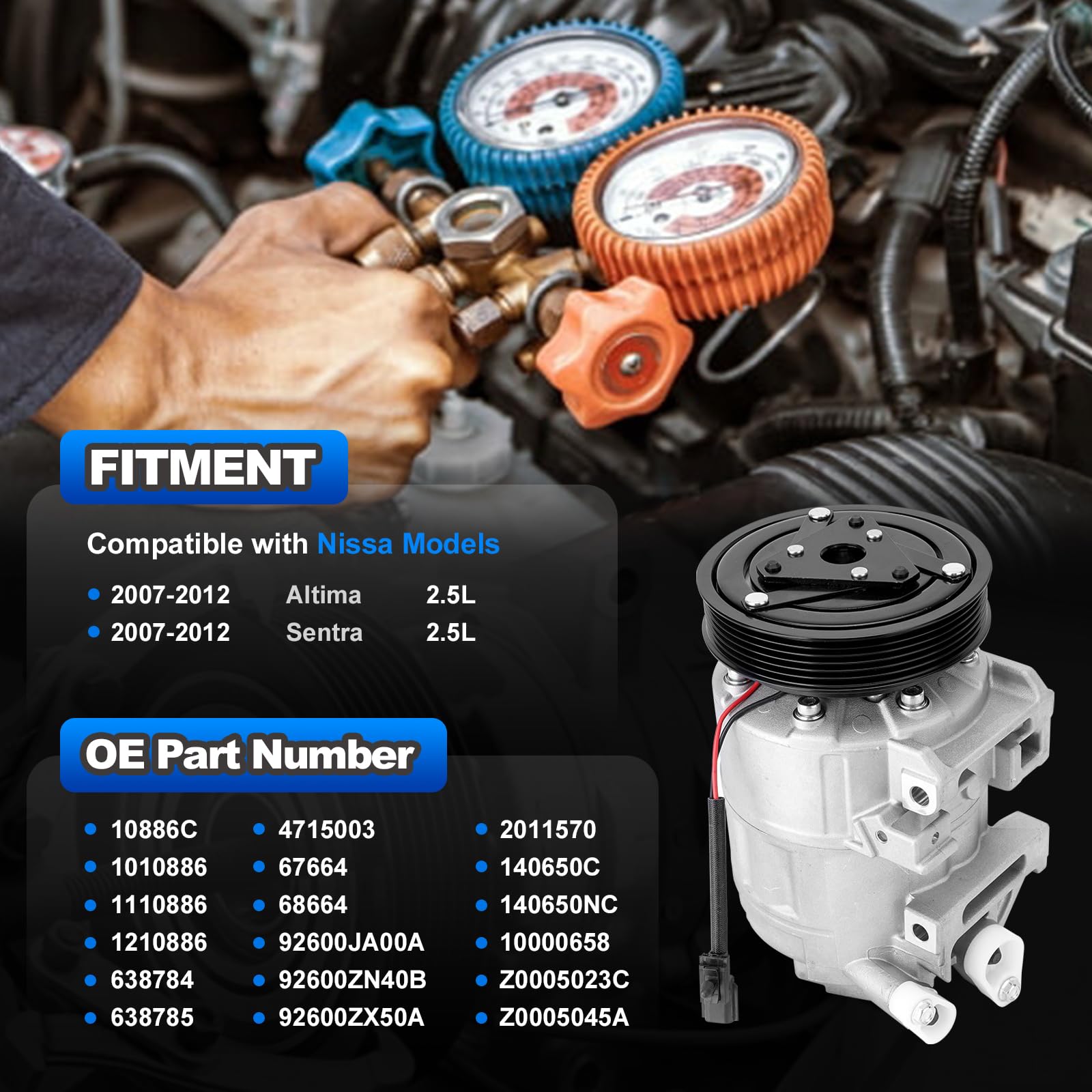 2007-2012 Nissan Altima Sentra 2.5L AC Compressor with Clutch - OEM Replacement Part with One Plug Connector - Perfect for Summer Car Cooling System Repair