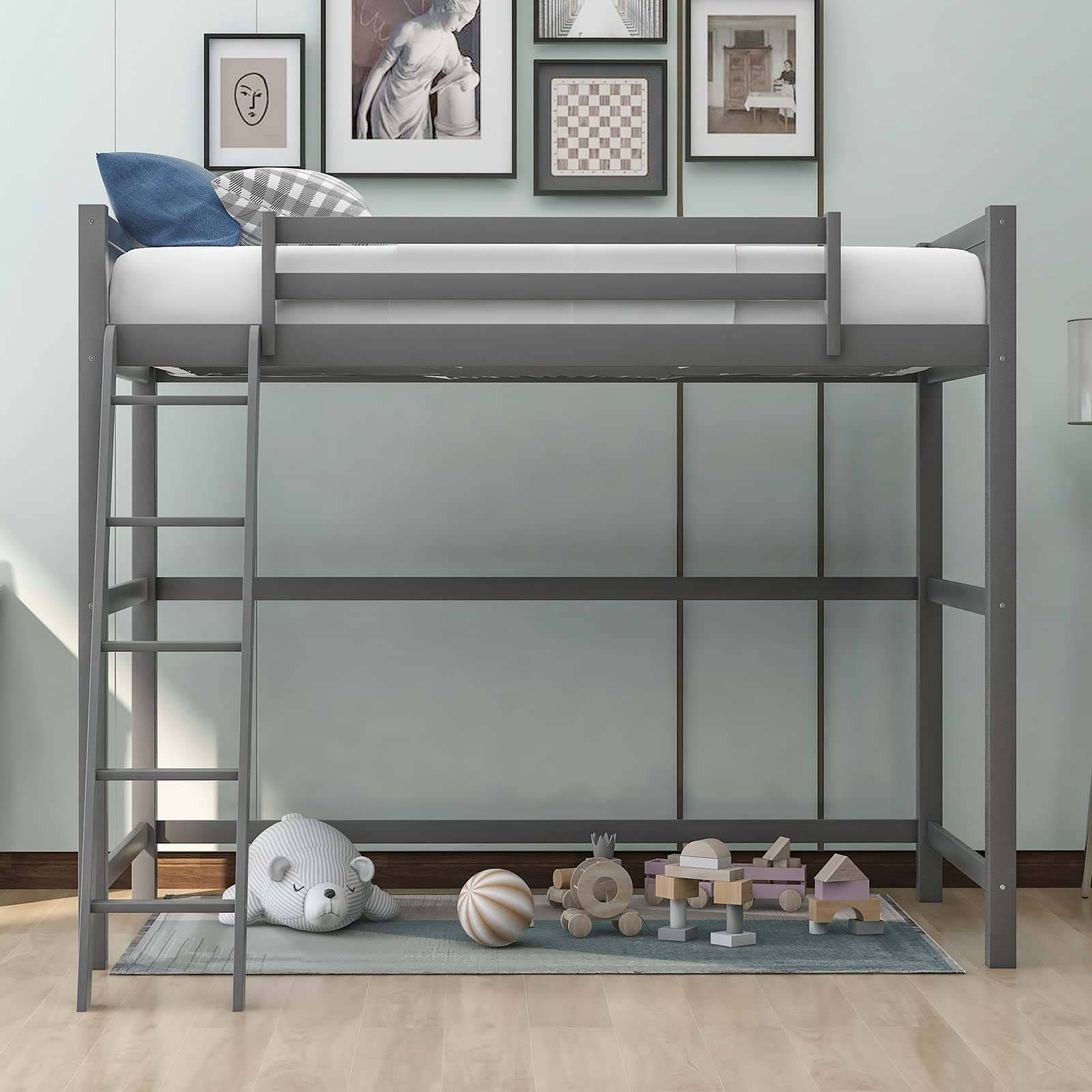 Twin Size Wood Loft Bed for Teens & Adults - Sturdy High Loft Bed with Full-Length Guardrail & Ladder - Perfect for Small Bedrooms, Dorms & Studio Apartments