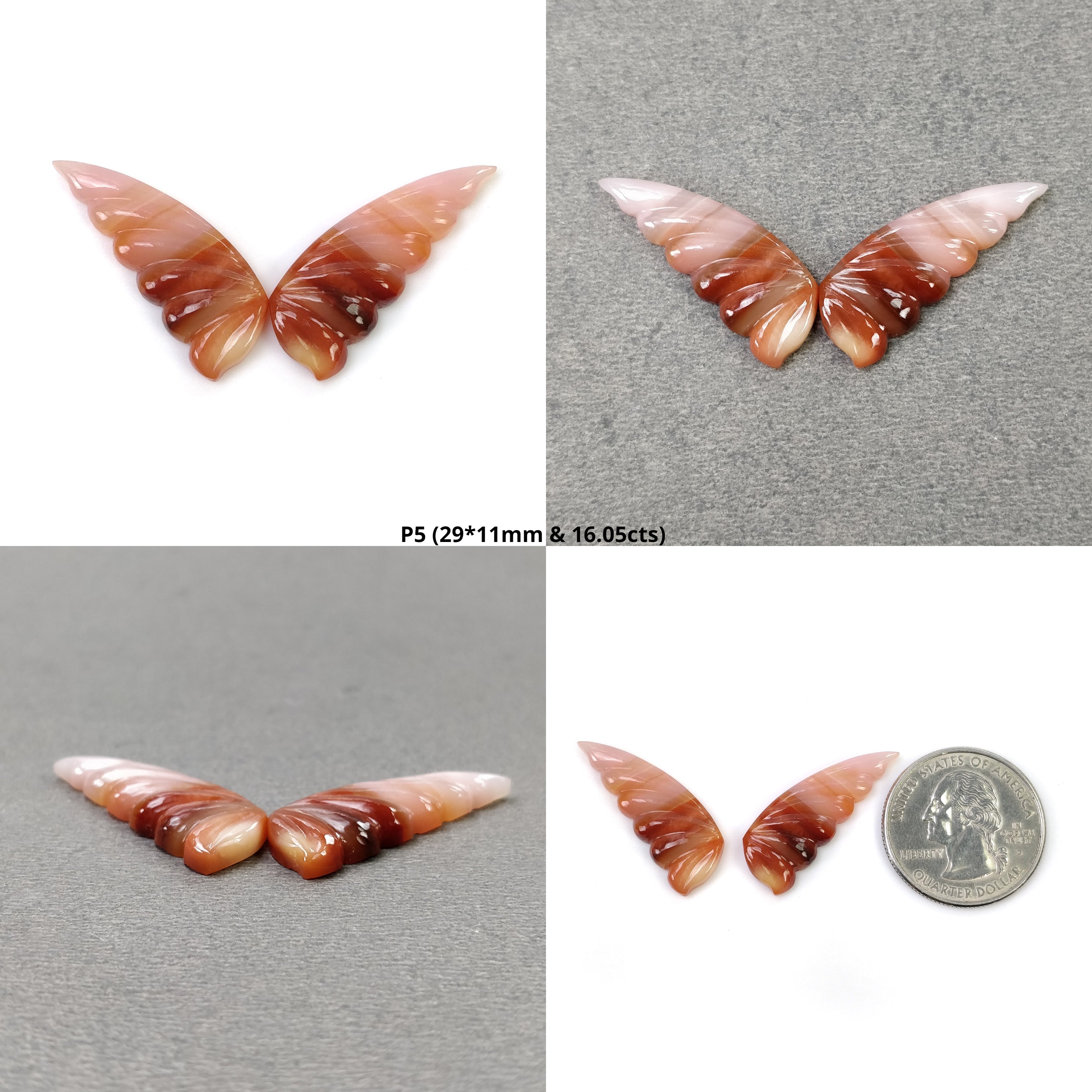Natural Untreated Botswana Striped Agate Gemstone Hand Carved Butterfly - Bi-Color Agate Jewelry (28x12mm & 33x13mm Pair) for Jewelry Making, Collection & Spiritual Healing