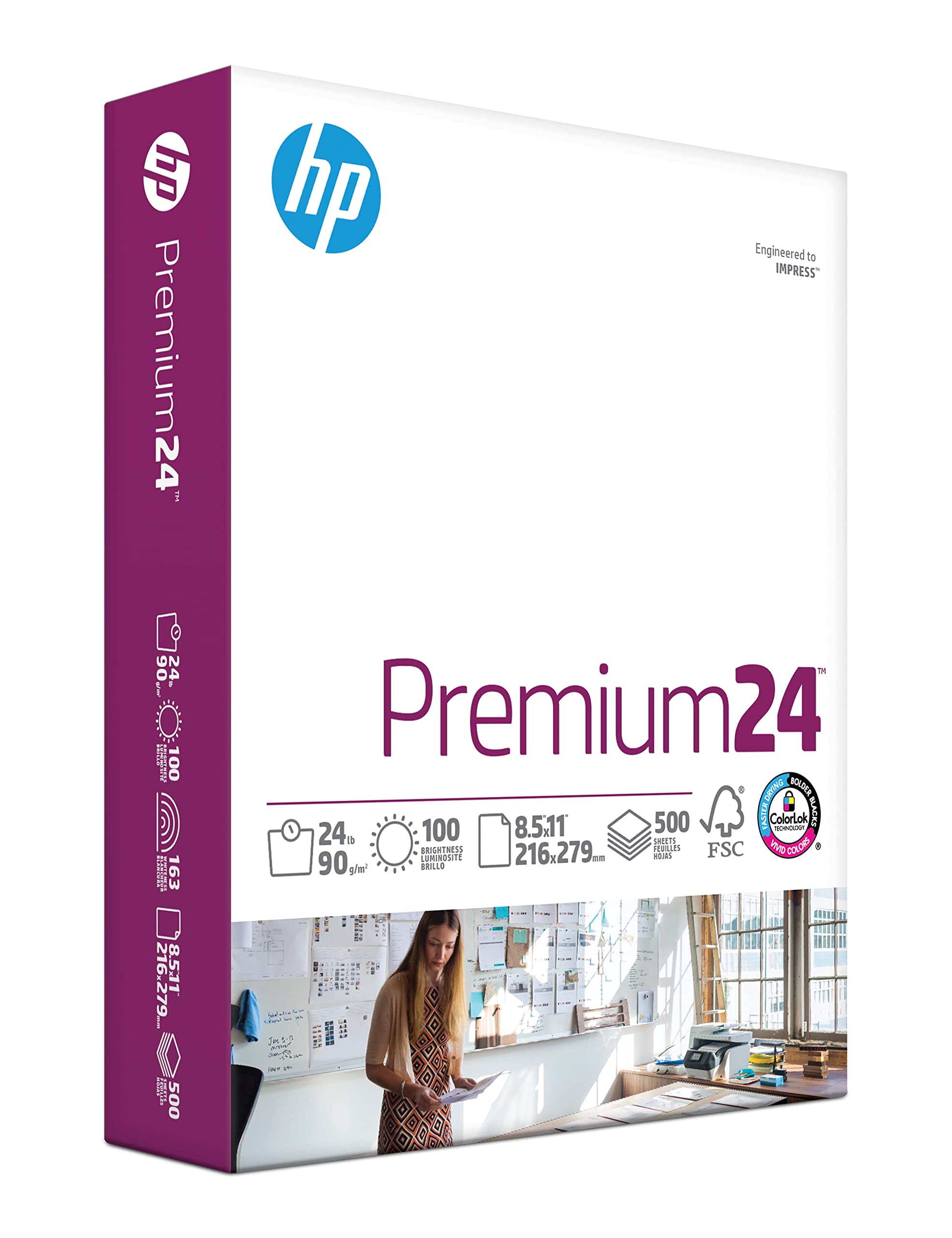 HP Premium 24 lb Printer Paper 8.5 x 11 Inches - 500 Sheets (1 Ream), 100 Bright White, FSC Certified, Made in USA (112400R) - Ideal for Office Documents, School Projects & Professional Printing