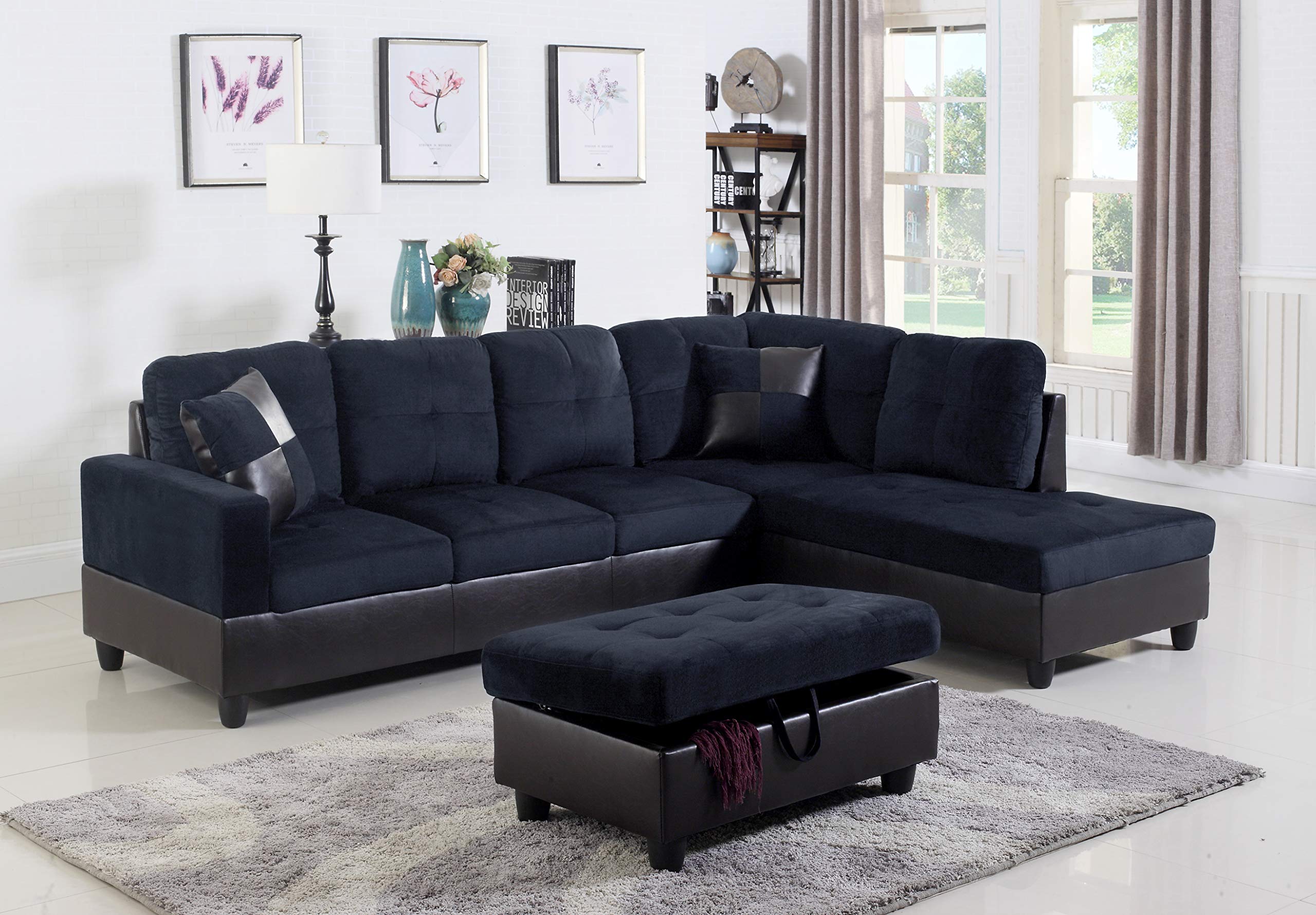 3-Piece Modern Sectional Sofa Set with Chaise & Storage Ottoman - Faux Leather & Microfiber Upholstery, Removable Memory Foam Cushions (Blue, Right-Facing) - Perfect for Small Space Living Rooms, Apartments & Home Theater Seating