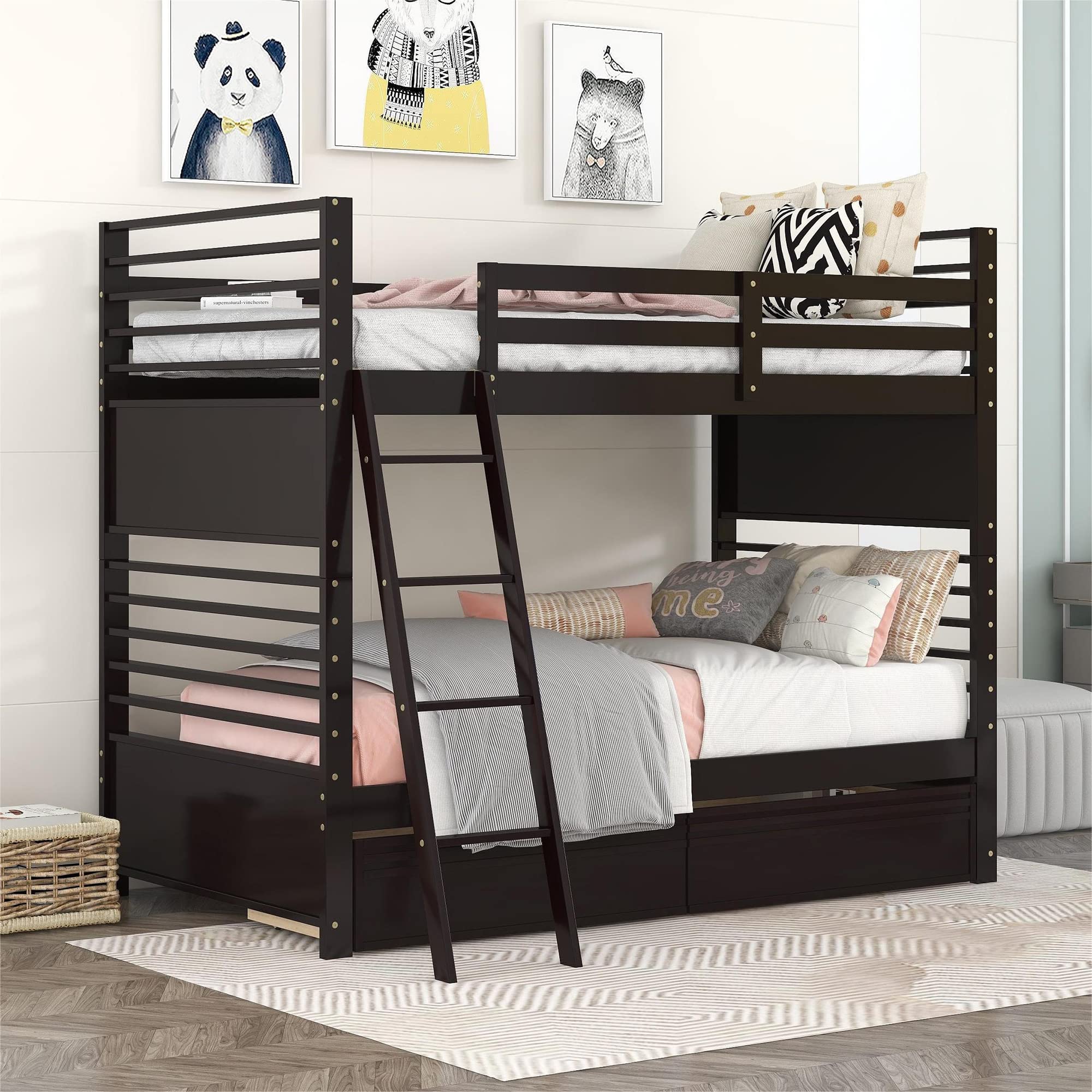 P PURLOVE Twin Over Twin Wood Bunk Bed Frame with 2 Storage Drawers & Removable Ladder - Converts to 2 Single Beds - No Box Spring Needed - Espresso Finish - Perfect for Kids, Teens & Small Bedrooms
