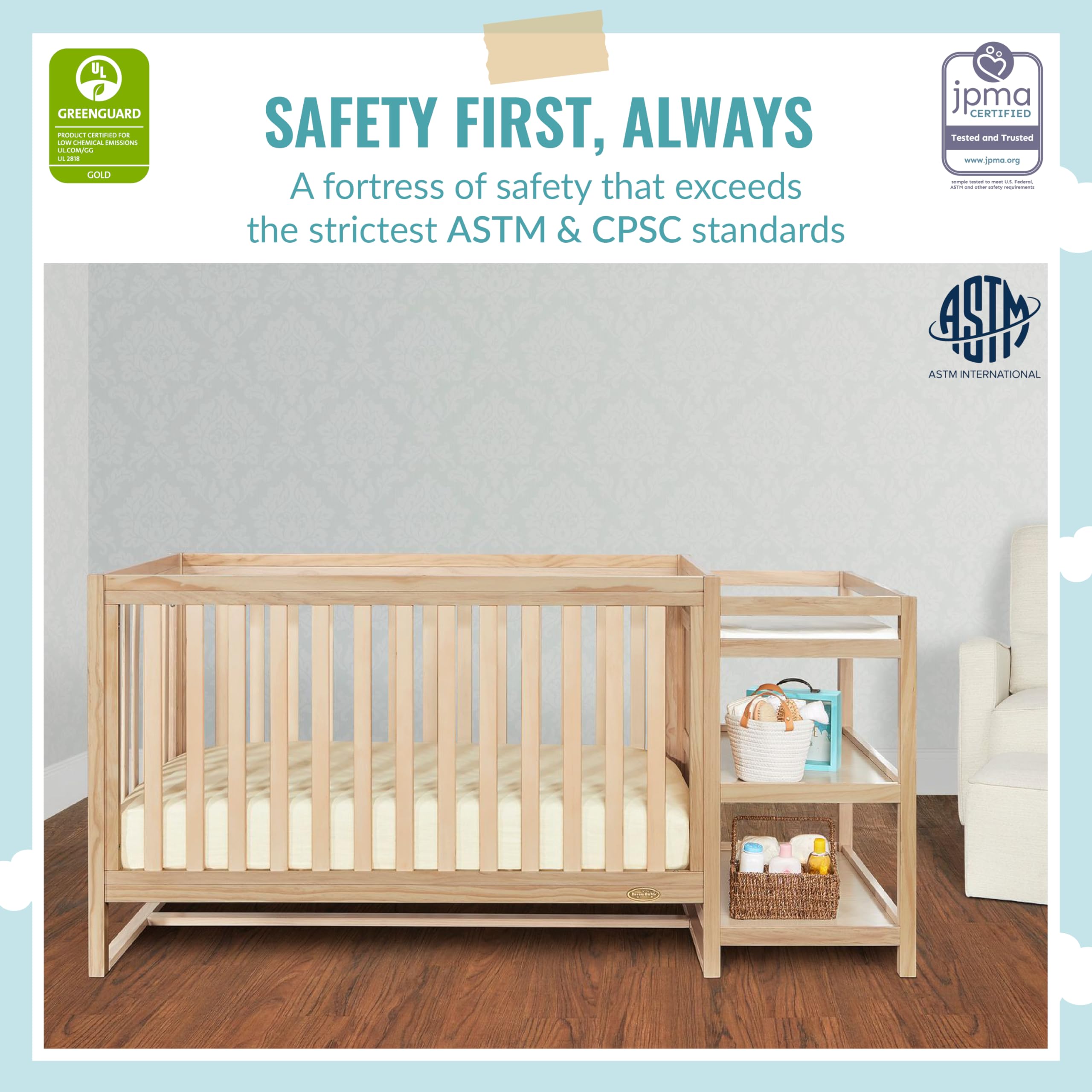 Dream On Me Milo 5-in-1 Convertible Crib & Changing Table with Free Changing Pad - Vintage White Oak Finish, 3 Adjustable Mattress Heights, Non-Toxic Pinewood | Nursery Furniture for Baby's Bedroom & Daycare Centers