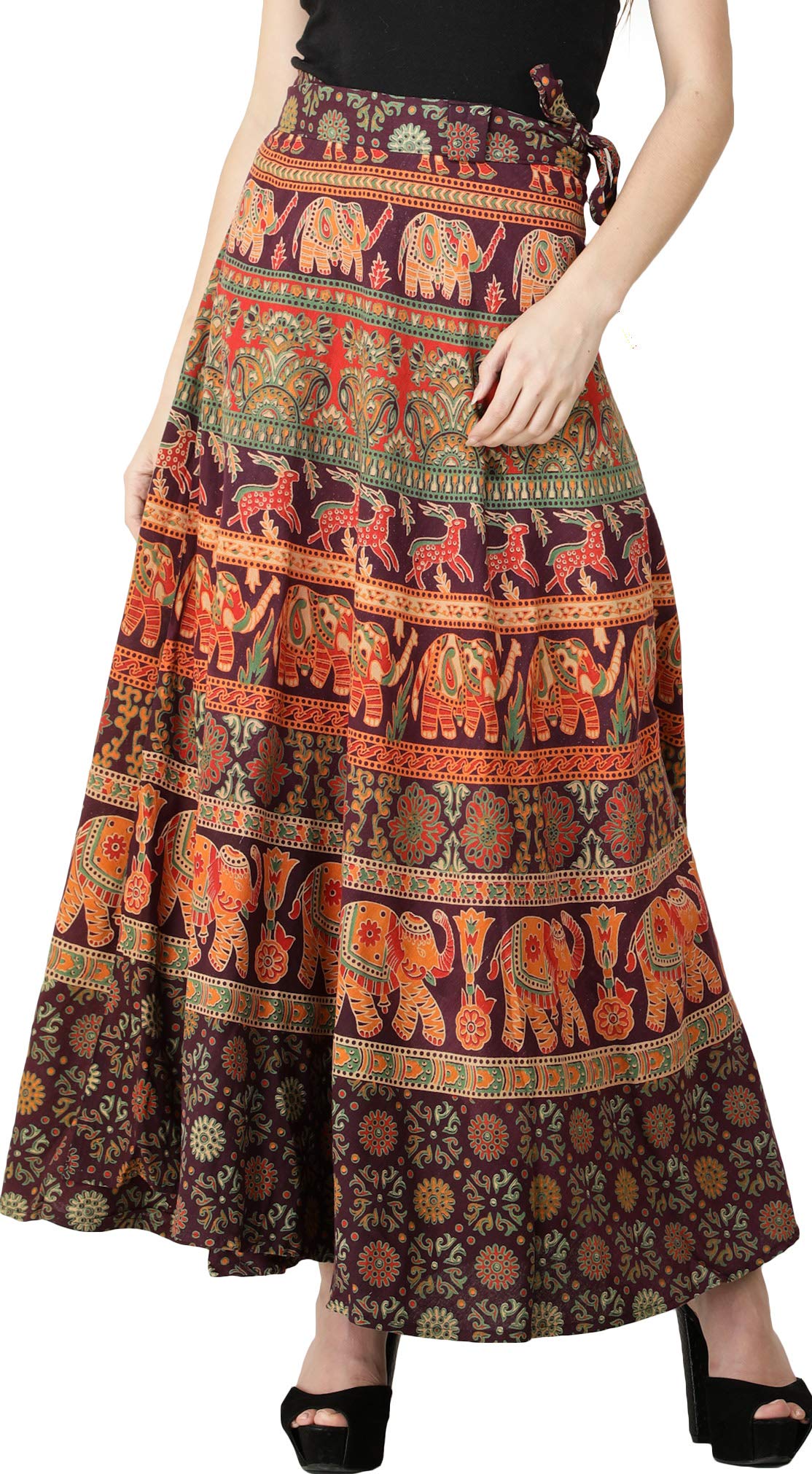 Elegant Wrap-Around Long Skirt with Exotic Elephant & Deer Print - Boho Chic Maxi Skirt for Women, Perfect for Beach Vacations, Music Festivals and Summer Outfits