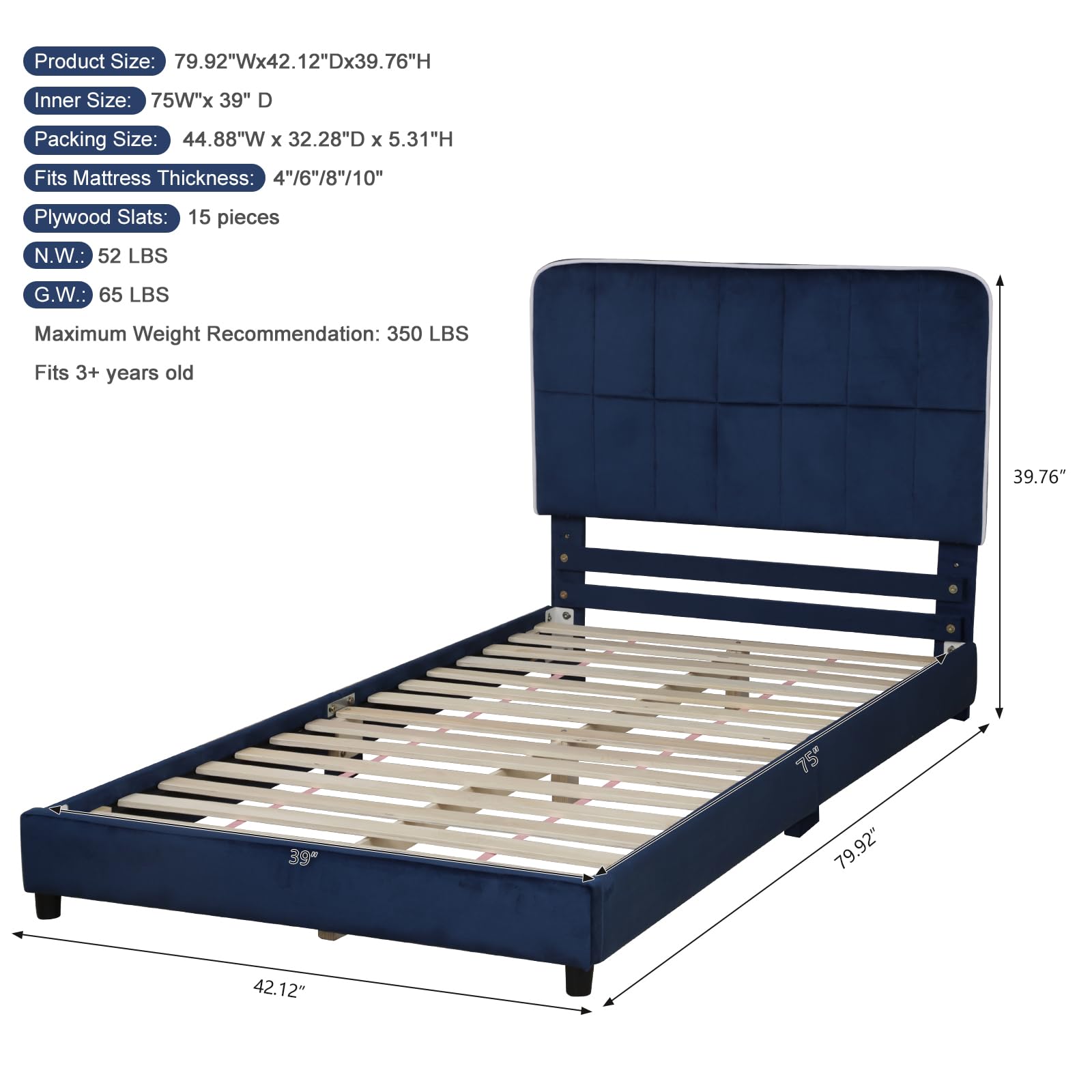 Adjustable Height Toddler Beds - Upholstered Twin Bed Frame for Kids & Girls, Fits Standard 75