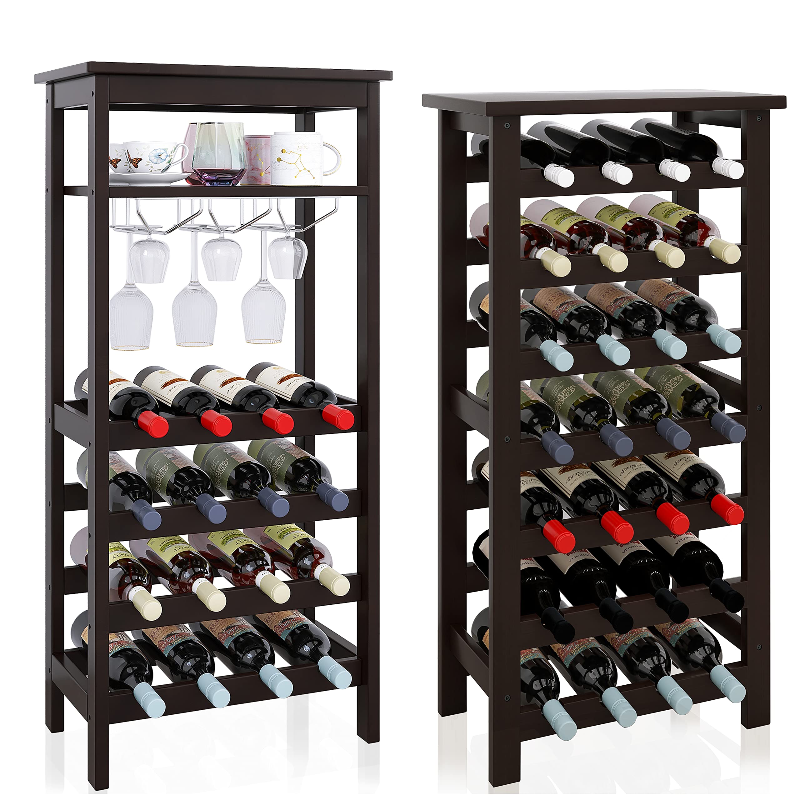 SMIBUY 28 Bottle Bamboo Wine Rack with Table Top & 16 Bottle Free Standing Display Holder - 7-Tier Wine Storage Shelves with Glass Holder for Kitchen, Pantry, Bar, Cellar - Perfect for Home Entertaining & Wine Collection (Dark Brown)