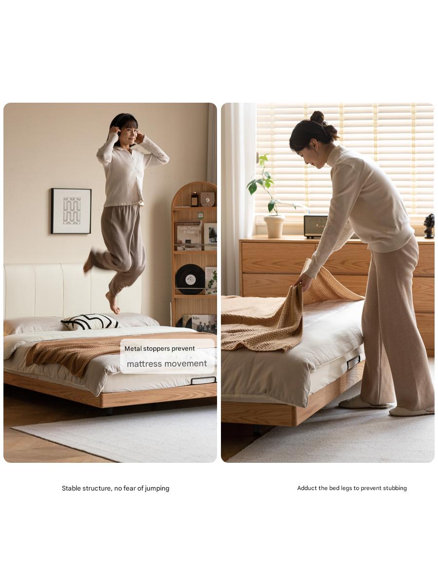 Solid Oak Wood Modern Minimalist Soft Leaning Bed Frame - Queen Size Platform Bed for Bedroom, Guest Room & Small Spaces