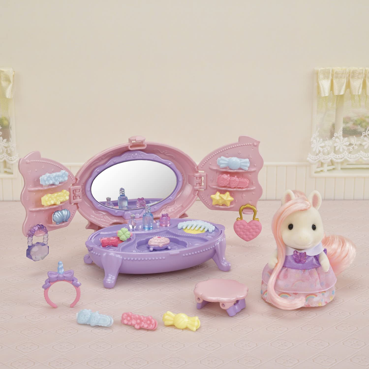 Calico Critters Pony's Vanity Dresser Set - Dollhouse Miniature Playset with Figure & Accessories for Kids | Pretend Play, Collectible Toy Gift for Girls & Boys