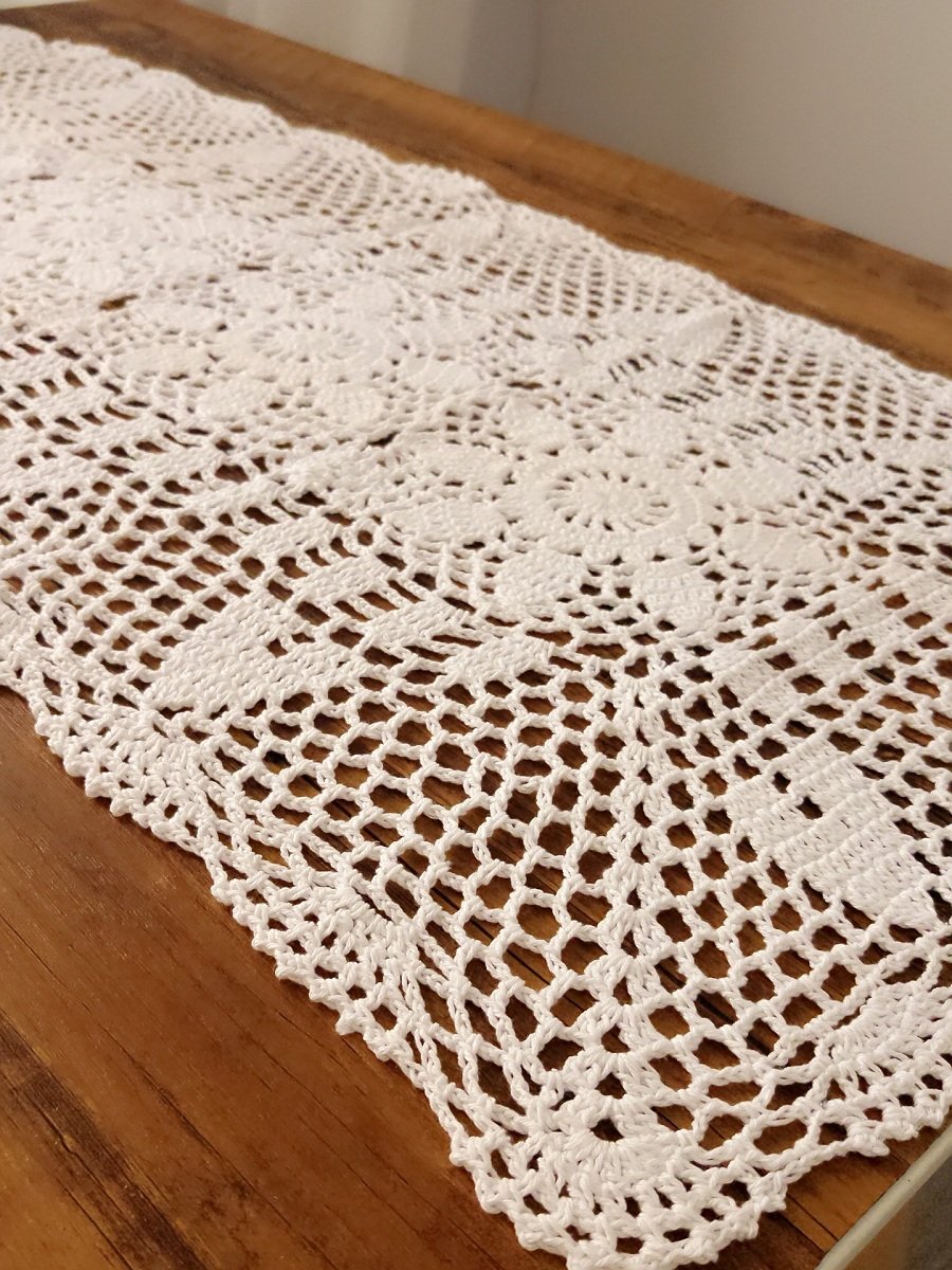 Handmade Cotton Crochet Lace Table Runner - 15x35 Inch White Rectangular Doily Tablecloth for Dining Room, Wedding, and Home Decor