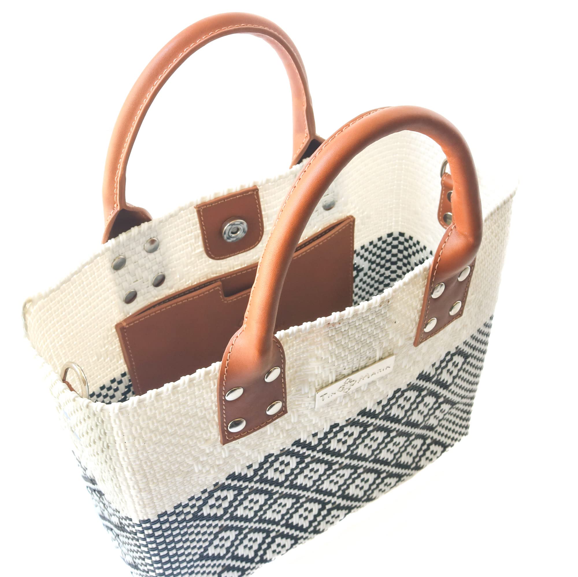 Eco-Friendly Large White Woven Crossbody Bag with Tan Leather Handles - Handcrafted Recycled Plastic Tote from Oaxaca Mexico - Perfect for Summer, Work & Everyday Use - Stylish & Sustainable Shoulder Bag for Women