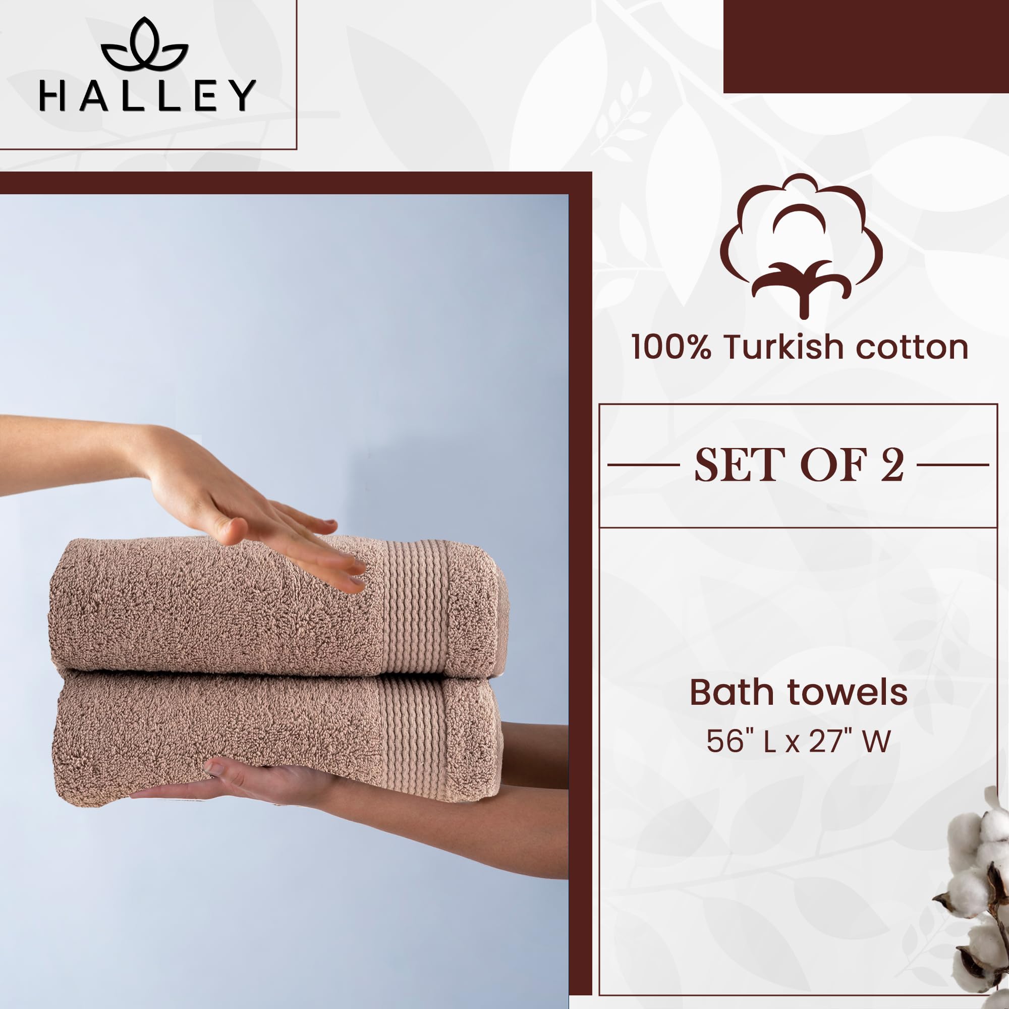 Premium HALLEY 100% Turkish Cotton Bath Towels (Set of 2) - Ultra Soft, Highly Absorbent, Quick-Drying - Luxury Spa & Bathroom Essentials for Home, Hotel, Mother's Day Gift (Taupe) - Perfect for Bath, Beach & Gym