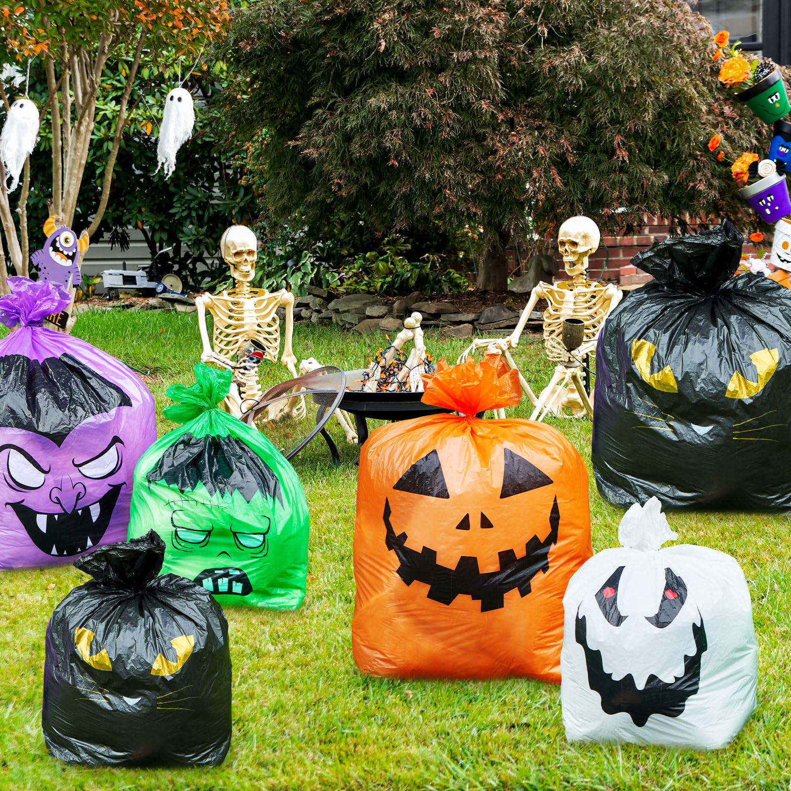 Qilery 18-Pack Reusable Halloween Pumpkin Leaf Bags - Heavy Duty Plastic Lawn Bags with Twist Ties for Fall Yard Waste, Halloween Decorations & Outdoor Party Favors | Perfect for Pumpkin Patches, Trick-or-Treat Goodie Bags & Autumn Garden Cleanup