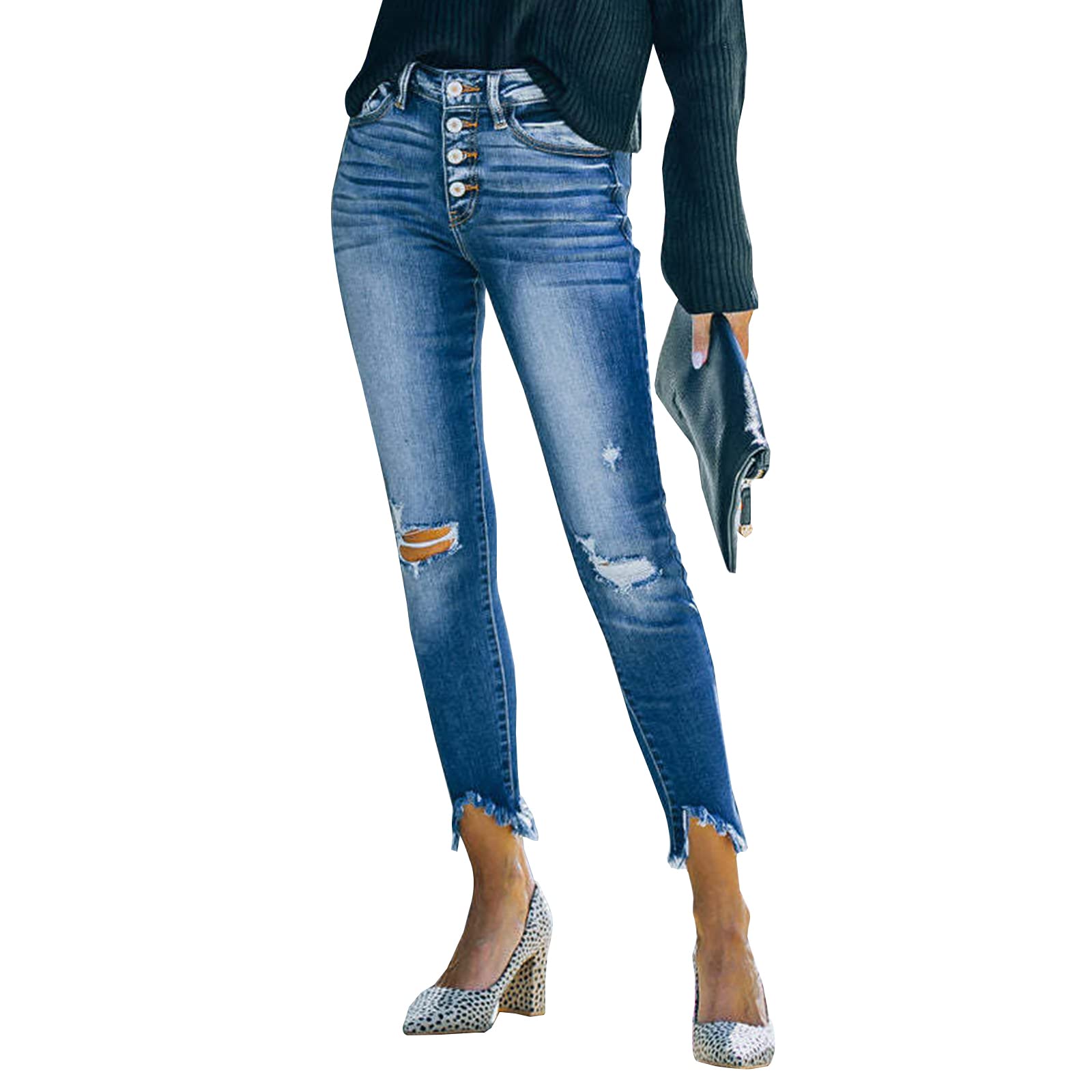 LONGYIDA Women's Ripped Stretchy High Waist Skinny Jeans with Button Fly - Trendy Distressed Denim Pants for Casual Wear & Night Out