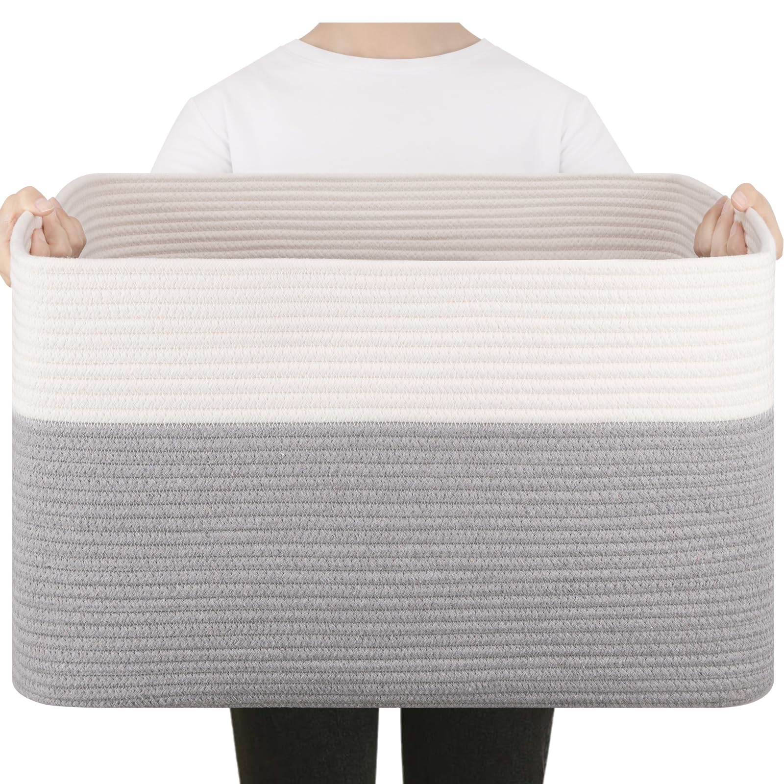 75L Large Woven Cotton Rope Storage Basket - Grey & White Blanket Organizer, Toy Bin for Kids Nursery, Living Room & Bedroom Decor (22