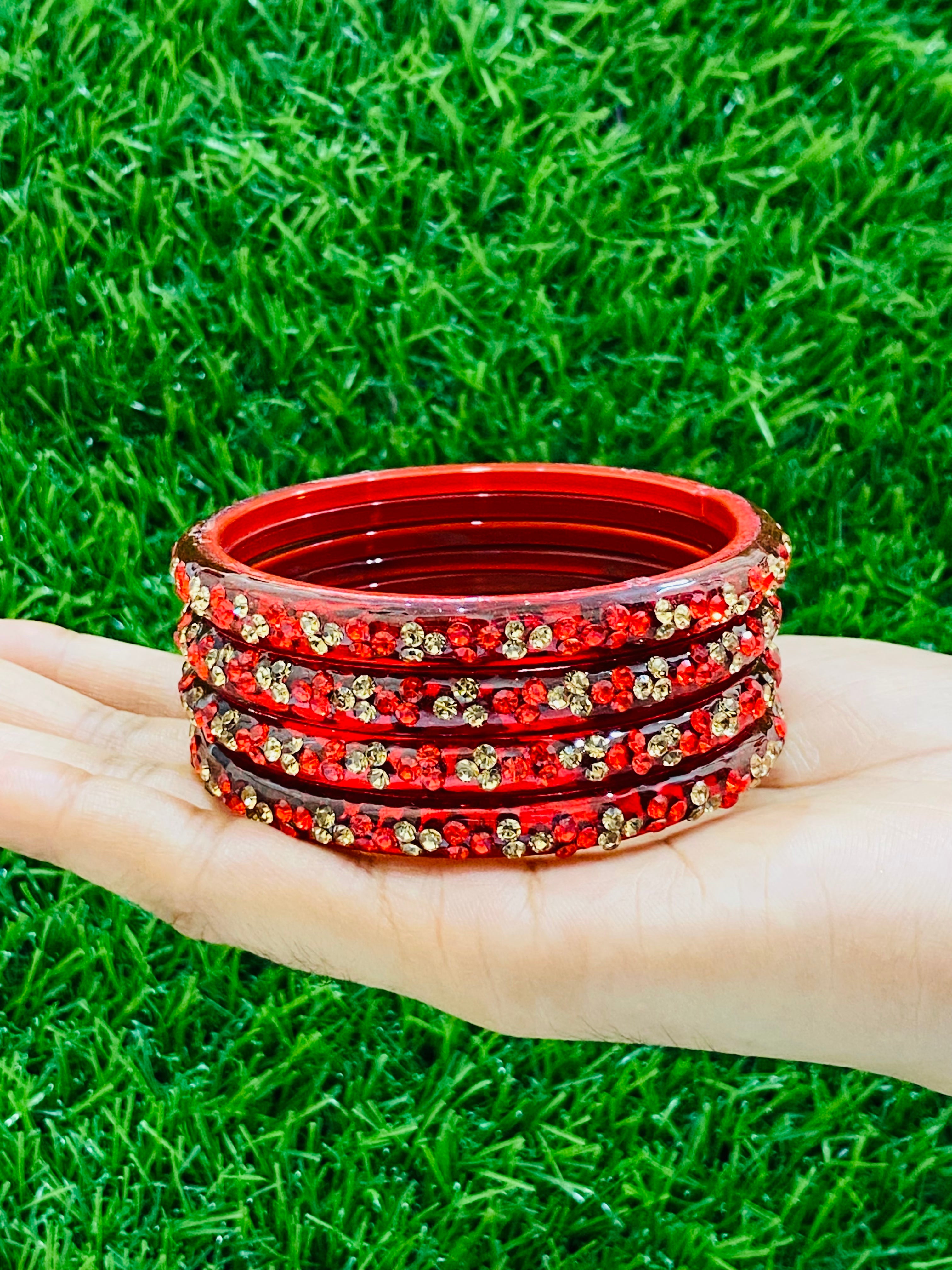 Exquisite Red Stone-Embellished Glass Bangles for Women – Elegant Handmade Jewelry for Parties, Weddings & Special Occasions